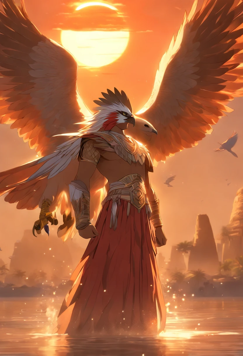 (((Man's body and falcon's head))) best quality, ultra-high resolution, 4K detailed CG, master piece, Egyptian mythology,Tuna-Ra, sunrise,Ancient Egypt, standing pose, bird head, clothes white, Egyptian clothes, underworld, stream, River Nile, river, desert, Ancient Egypt, ((Falcon's head, man's body)), sunrise, aesthetics, Beautiful image, centered on the screen, standing pose, sun rising