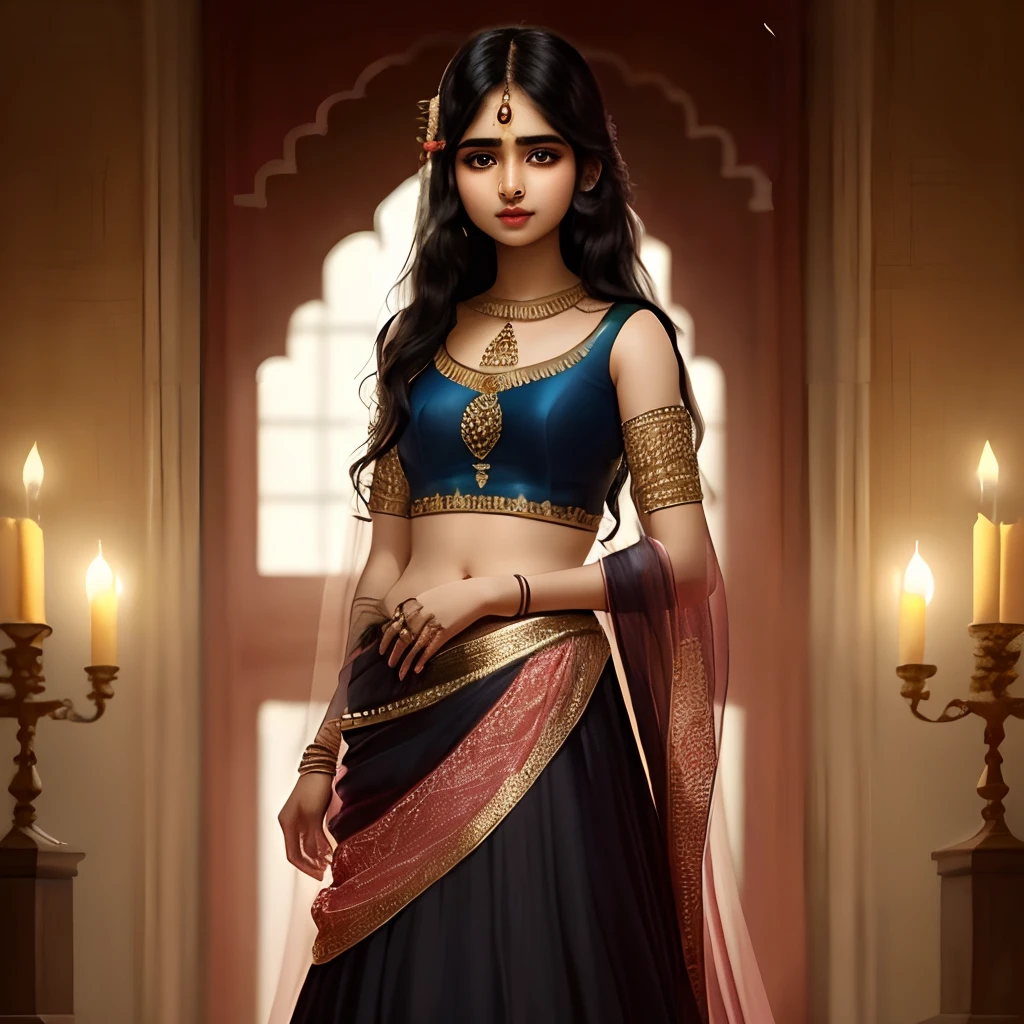 A Indian girl light :-) black long hair small eyes Indian dress lehenga