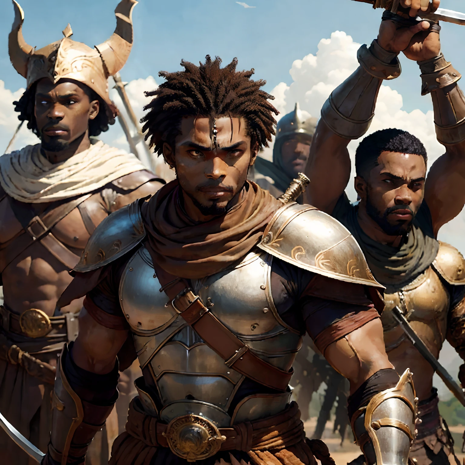 Guerrier africain, physique forte, dressed in brown, peau d'ours, Two swords, Surrounded by African warriors
