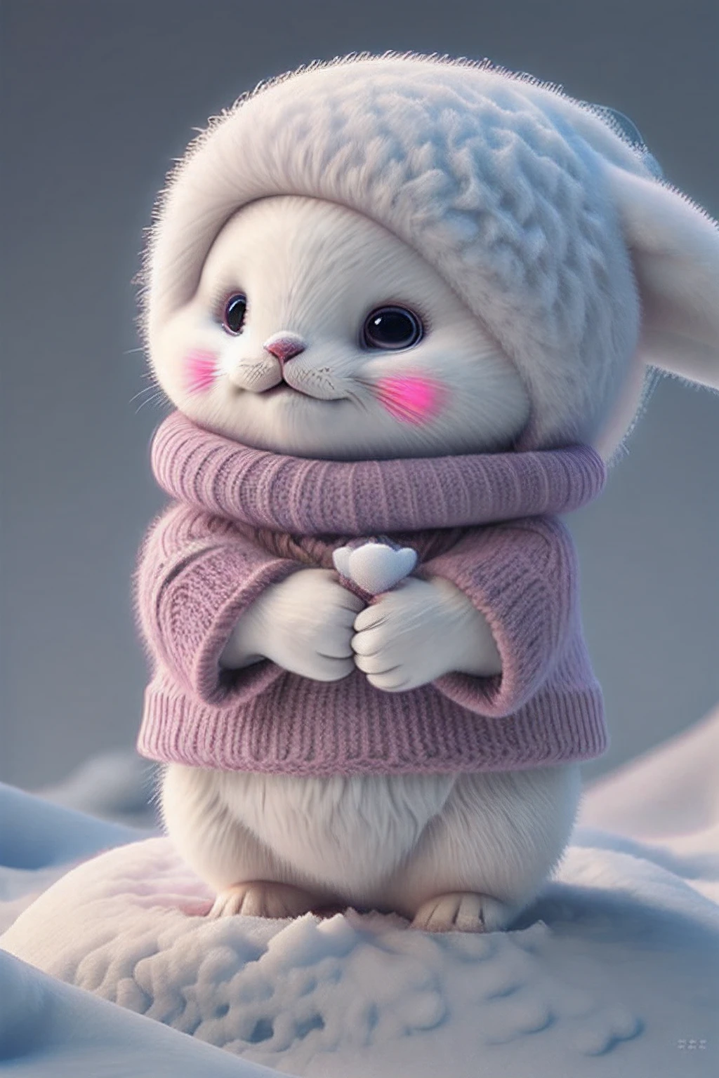 cute harp seal with fluffy fur wearing a snapback hat, lying flat down in snow, head and body covered in a pile of snow, snowing in the arctic, vivid colors, 3d render, bright lighting, vivid colors, grinning from ear to ear,