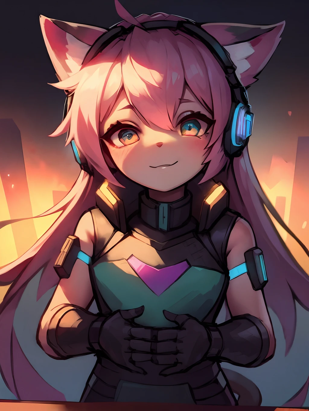Cyberpunk girl with pink long hair，Q version，（toddlers，Baby）， adolable， cyberpunked， Cat Ear Headphones、Master masterpieces， hight resolution，8K，detailedbackground，hightquality，（（（独奏））），looking at viewert，angle of view，From  above，Dreams，Magical，baiyun，（Warm light source：1.2），Light steppe、Cyberpunk costumes、Cute Cyberpunk Girl