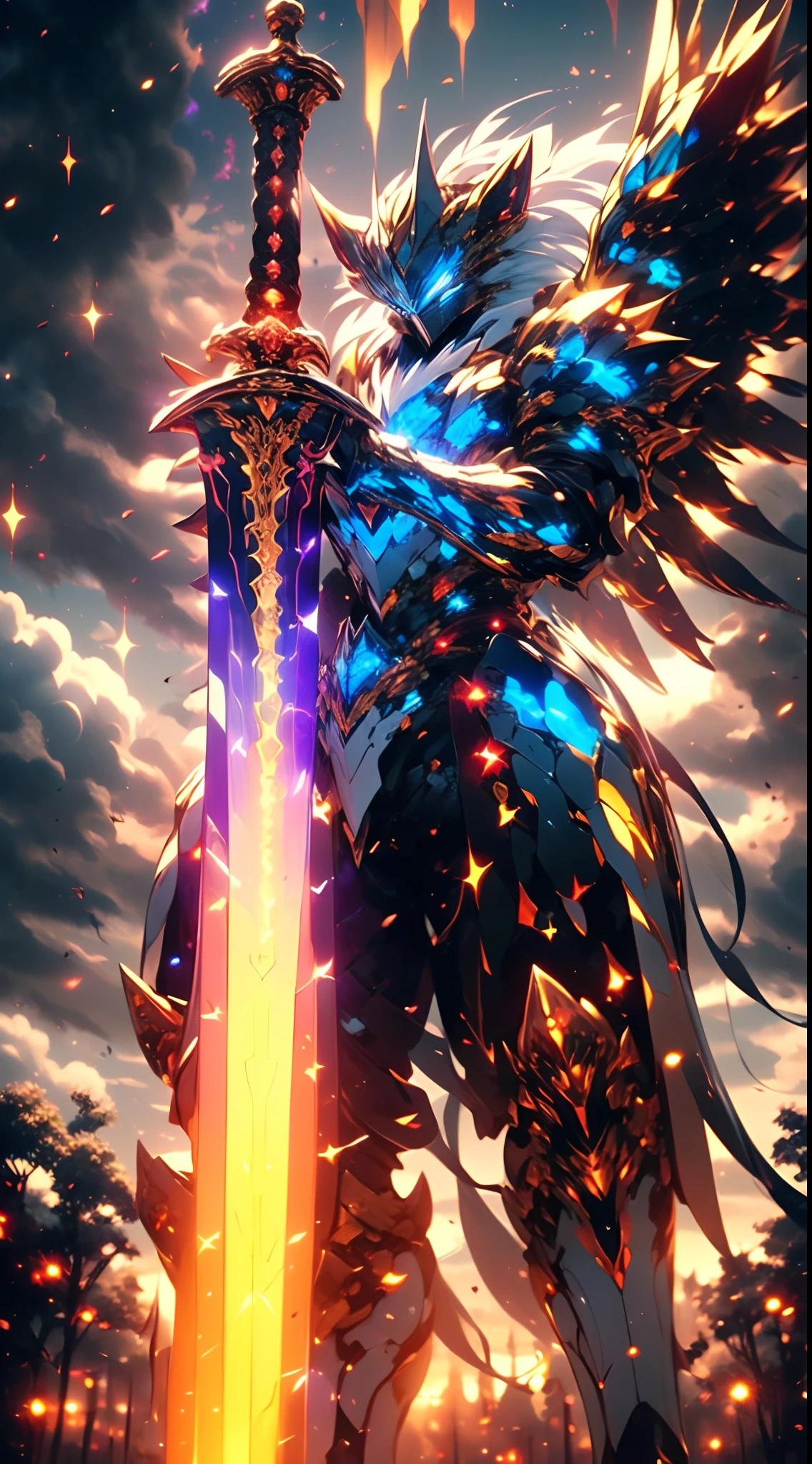 (Mandala hovering in the night sky: 1.4), (A man in highly detailed black lion design armor: 1.5, armor with gold detailing: 1.2, black lion face on armor chest plate, lion claw armor greaves, black angel wings shimmering with golden light: 1.2), (hailoknight, solo, holding giant purple energy sword, holding sword: 1.2), (dark forest in the background, cloudy sky, aurora borealis, stars shimmering in the sky), Hyperdetailed, natural lighting, soft lighting, sunlight, HDR (High Dynamic Range), Maximum Clarity And Sharpness, Multi-Layered Textures, Depth of Field, Ray Tracing, Leonardo da Vinci, Vincent van Gogh, studio art