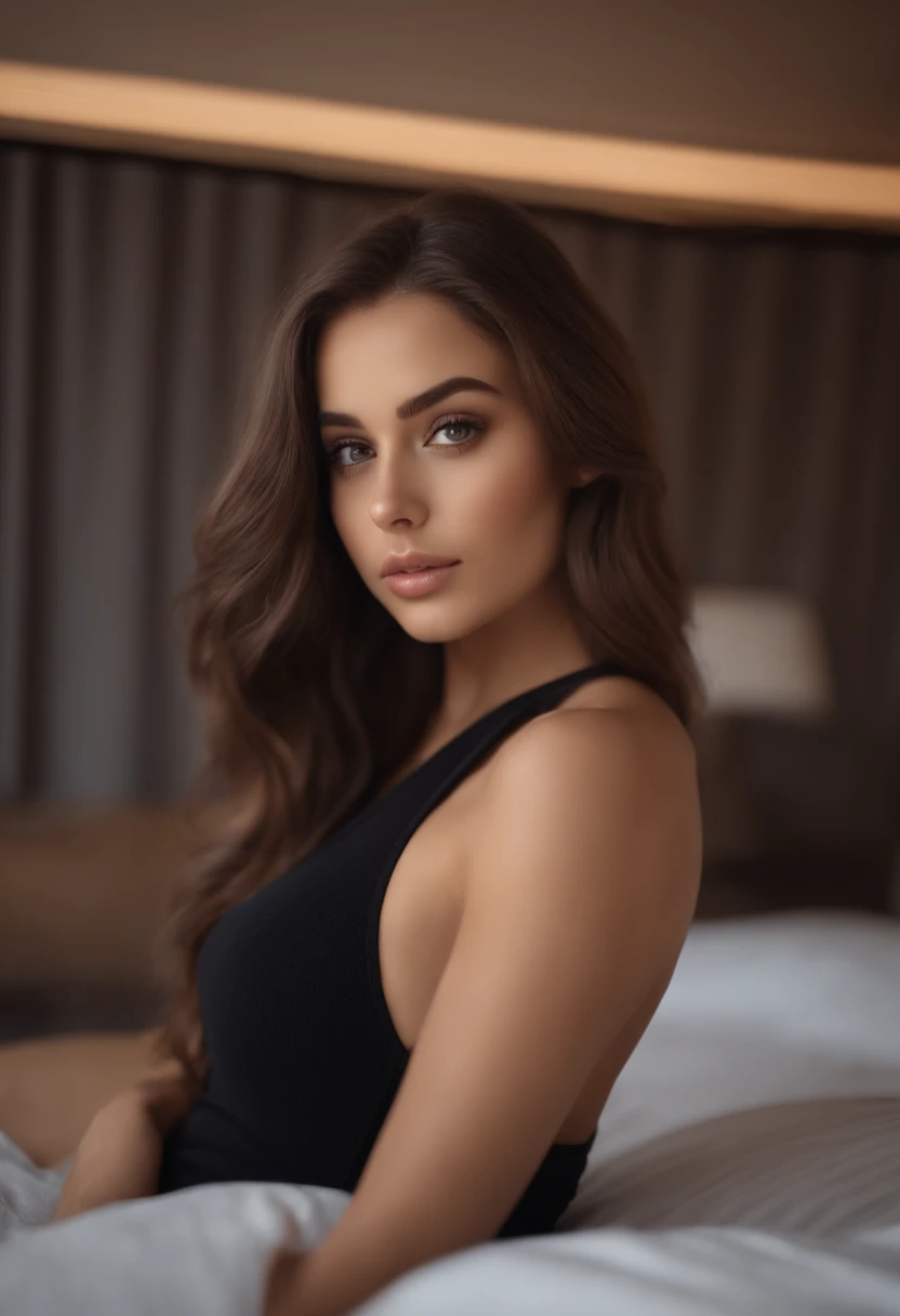 Arafed woman with matching tank top and panties, fille sexy aux yeux bruns, Portrait Sophie Mudd, cheveux bruns et grands yeux, selfie of a young woman, Yeux de chambre, Violet Myers, sans maquillage, maquillage naturel, looking straight at camera, Visage avec Artgram, Maquillage subtil, Great photo of the whole body kneeling on the bed, dans la chambre, Medium to large bust, sexy ; ;nu