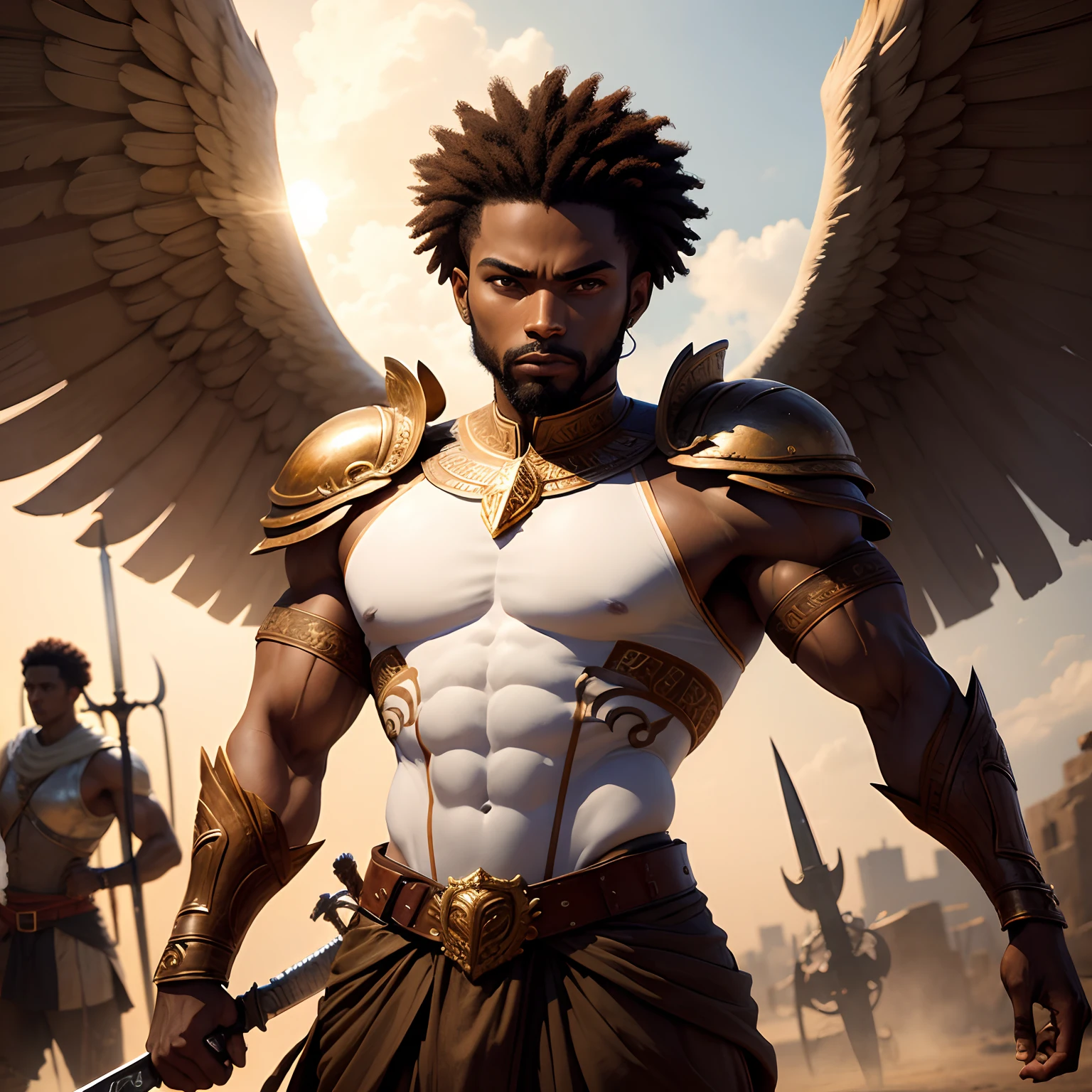 Guerrier africain, physique forte, dressed in brown, peau d'ours, Two swords, with very powerful angel wings