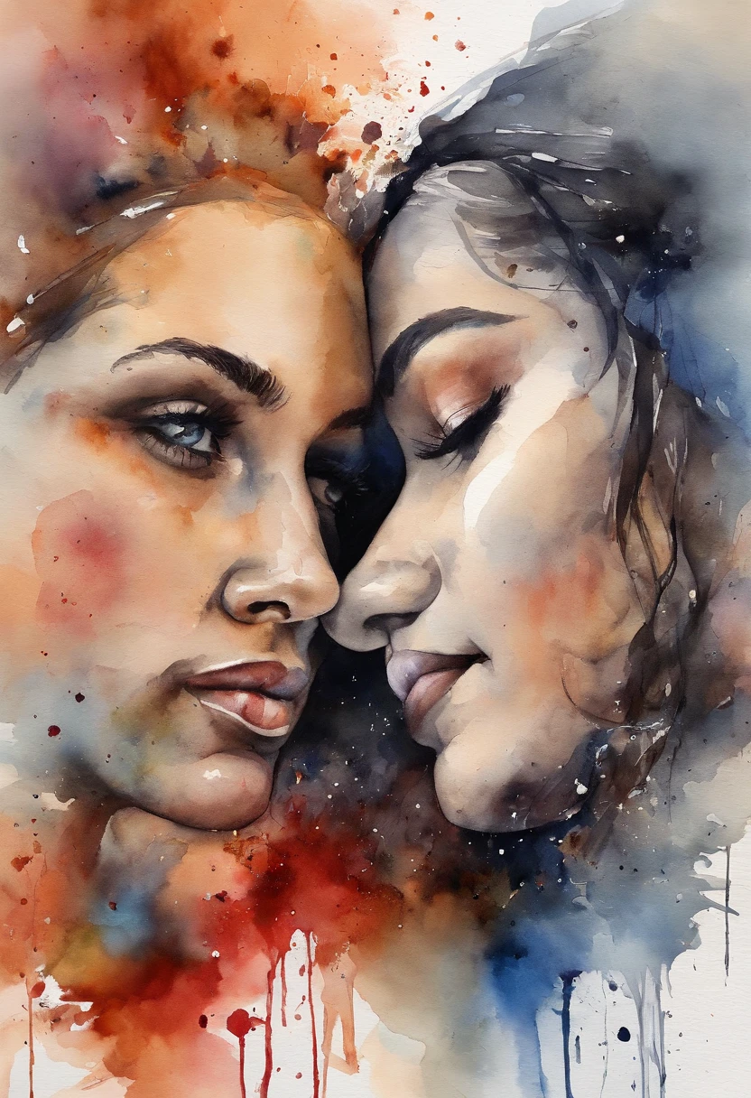 a 1 girl, 1 boy, lovers painting with splatter background and spray paint effect, by Eugeniusz Zak, watercolor art, by Károly Lotz, watercolor painting, watercolor painting style, watercolor detailed art, by Reuben Tam, watercolor paint digital painting, watercolor, masterfully detailed watercolor, watercolor art, Grzegorz Rutkowski