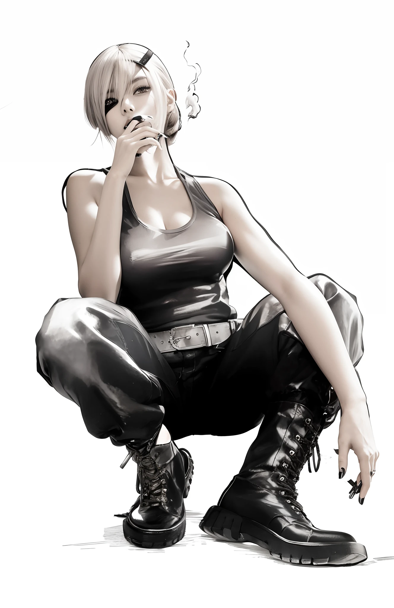 anime girl sitting on the ground smoking a cigarette, wearing tanktop, military boots, using eye patch on the right eye, realistic hair,