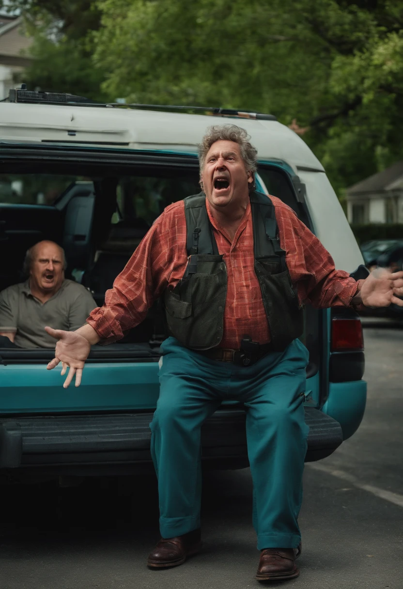mentally disabled crazy man in front of a house on the other side of the street, shouting several police officers next to him surrounding him