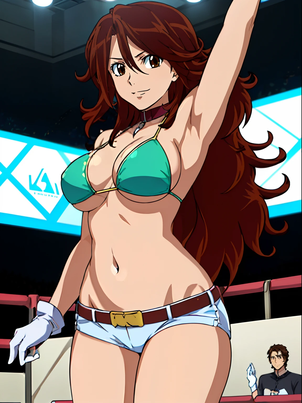 perfect proportions, nice body, , anime style: 1.8, anime drawing, ultra detailed face, ultra detailed body, , 4k, Sumergai Lee Noriega, (standing), best quality, anime style, hires, highest definition, digital blending, bold drawing lines, ((slim waist, female wrestler), (location: wrestling arena, crowds watching), ( (starving), athletic , little biceps, thighs, off-shoulders, (curvy: 6.8), lighting, spot lights, very shiny skin), ((string bikini, shorts, groin, , white gloves, collar, belt)), victorious, winner, , (very big round breasts, smile), (big eyes, brown eyes), (clapping), (brown hair, loose hair, curly hair, wavy hair, long hair, missy hair), 27 years old, (leaning)