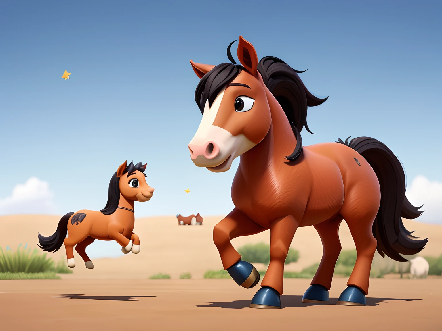 A scene of the horse on the lawn sharing his victory with the other farm animals, all smiling and celebrating together. disney style