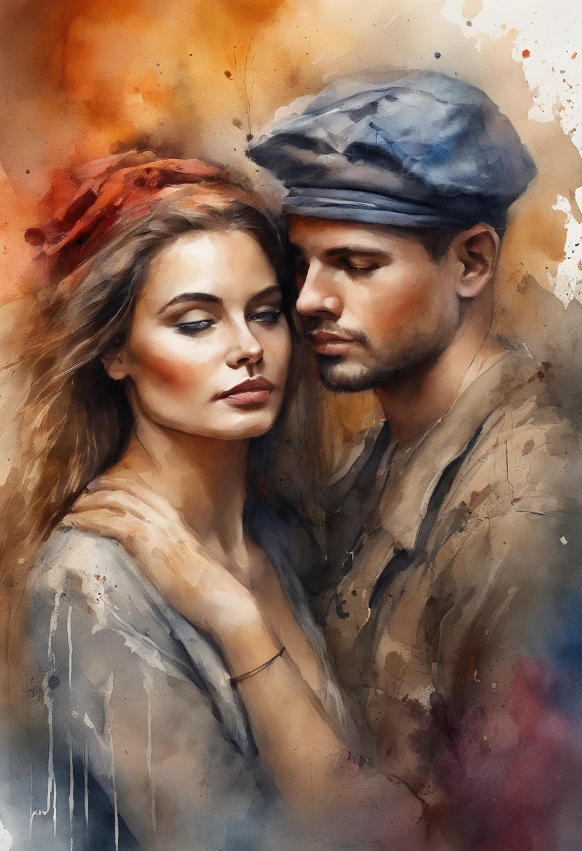 a 1 girl, 1 boy, lovers painting with splatter background and spray paint effect, by Eugeniusz Zak, watercolor art, by Károly Lotz, watercolor painting, watercolor painting style, watercolor detailed art, by Reuben Tam, watercolor paint digital painting, watercolor, masterfully detailed watercolor, watercolor art, Grzegorz Rutkowski