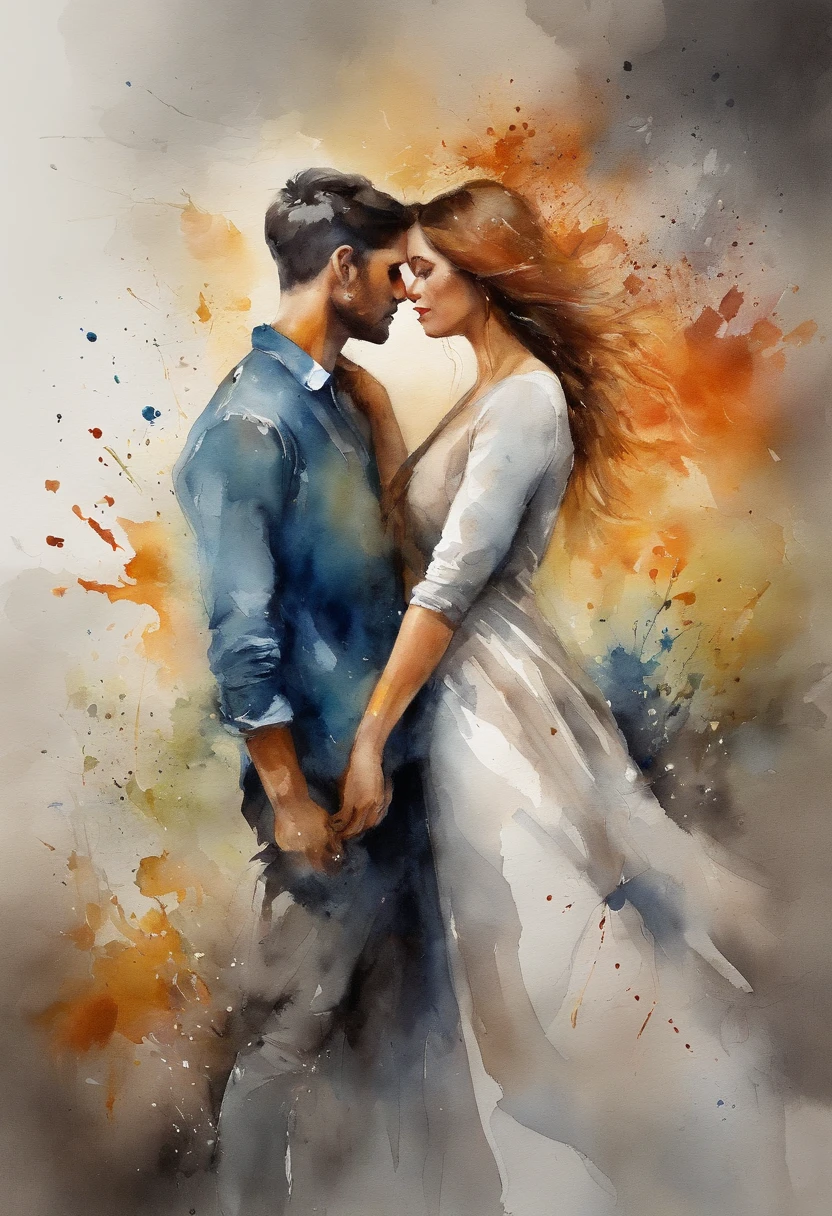 a 1 girl, 1 boy, lovers painting with splatter background and spray paint effect, by Eugeniusz Zak, watercolor art, by Károly Lotz, watercolor painting, watercolor painting style, watercolor detailed art, by Reuben Tam, watercolor paint digital painting, watercolor, masterfully detailed watercolor, watercolor art, Grzegorz Rutkowski
