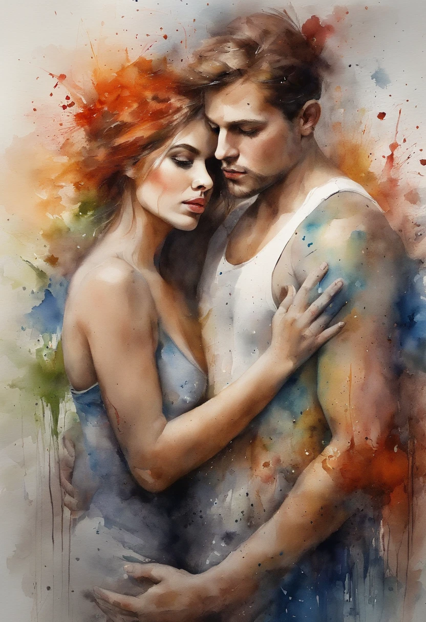 a 1 girl, 1 boy, lovers painting with splatter background and spray paint effect, by Eugeniusz Zak, watercolor art, by Károly Lotz, watercolor painting, watercolor painting style, watercolor detailed art, by Reuben Tam, watercolor paint digital painting, watercolor, masterfully detailed watercolor, watercolor art, Grzegorz Rutkowski