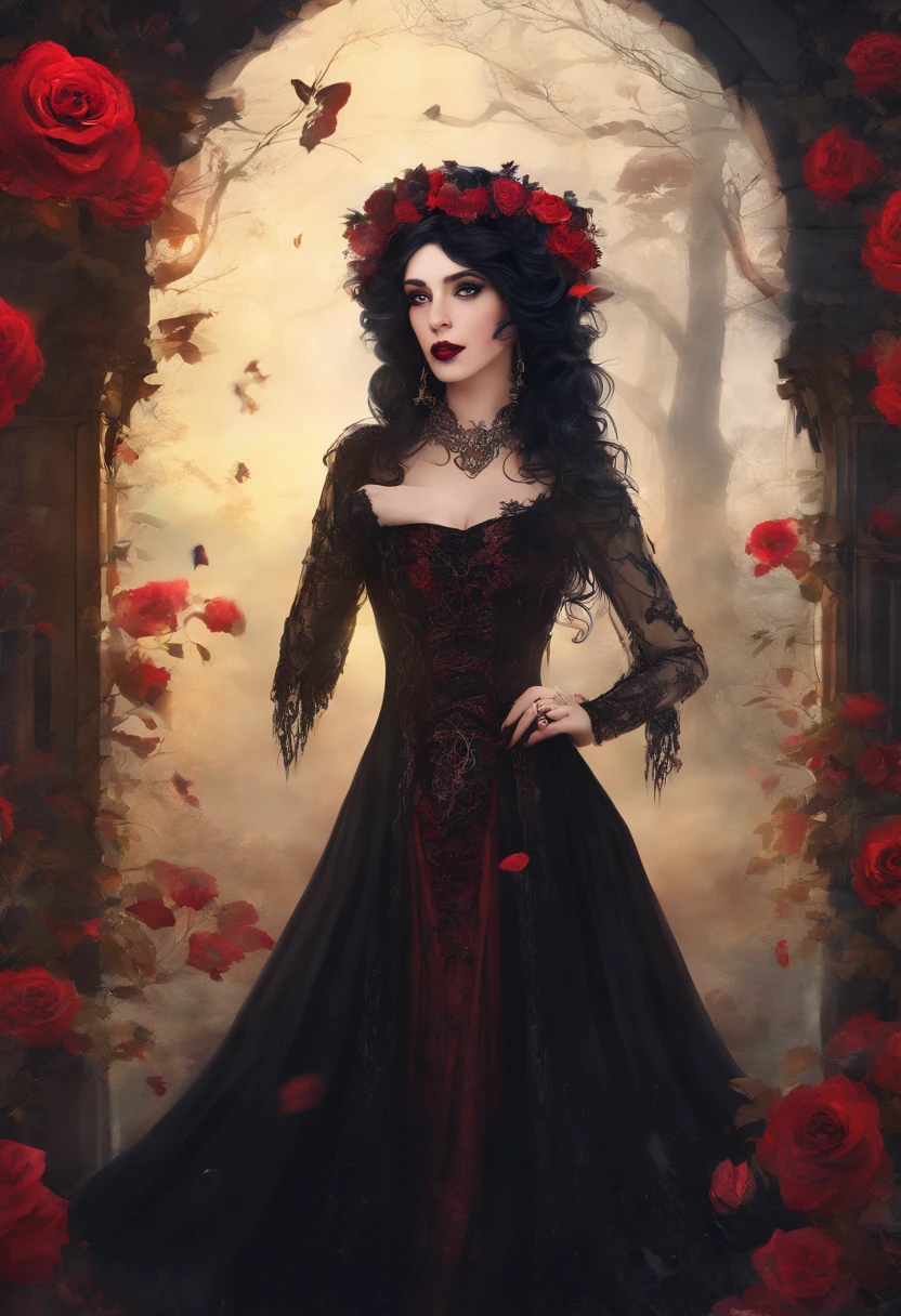 Woman with black hair and red lips posing for a photo, um retrato de Ivana Kobilca, Tumblr, gothic art, cabelo e maquiagem escuros, cabelo escuro maravilhoso, beleza escura, escuro e intrincado, vestido com renda preta, very beautiful goth top model, she is the queen of black roses, gothic influence, cabelo preto corvo, mulheres furiosas de cabelos escuros