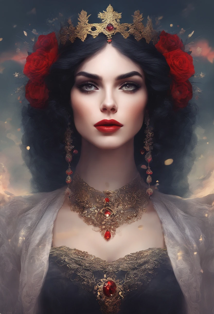 Woman with black hair and red lips posing for a photo, um retrato de Ivana Kobilca, Tumblr, gothic art, cabelo e maquiagem escuros, cabelo escuro maravilhoso, beleza escura, escuro e intrincado, vestido com renda preta, very beautiful goth top model, she is the queen of black roses, gothic influence, cabelo preto corvo, mulheres furiosas de cabelos escuros