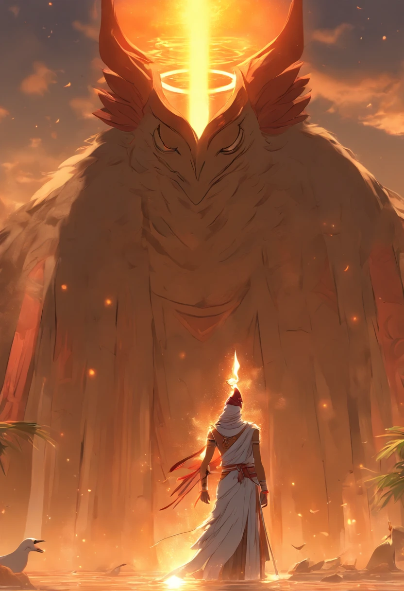 (((Body of man and head of bird))) best quality, very high resolution, 4K detailed CG, master piece, Egyptian mythology,Tuna-Ra, sunrise,Ancient Egypt, standing pose, bird head, clothes white, Egyptian clothes, underworld, stream, Nile River, river, desert, Ancient Egypt, ((Bird's head, man's body)), sunrise, aesthetics, Beautiful image, centered on the screen, standing pose, sun rising