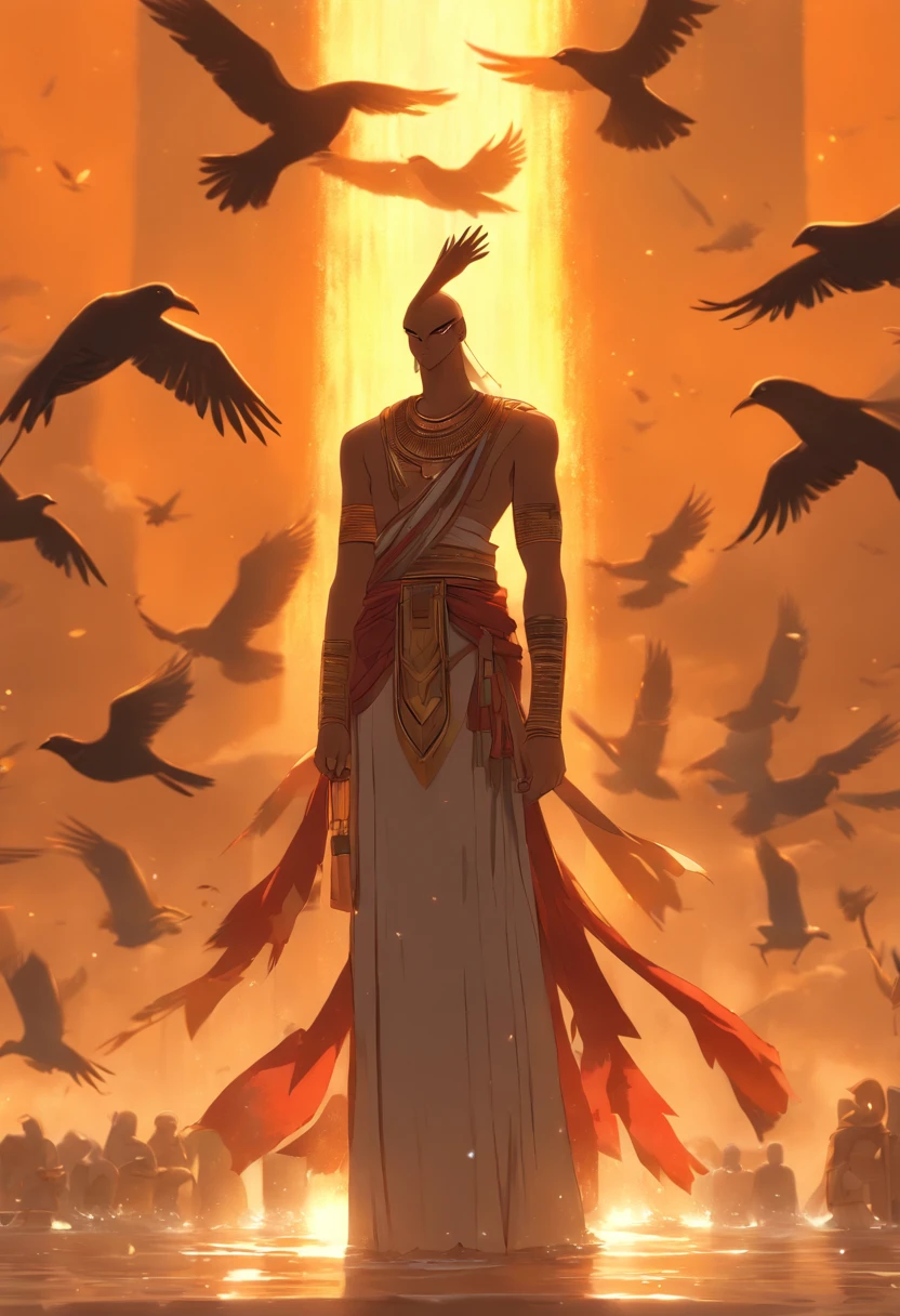 (((Body of man and head of bird))) best quality, very high resolution, 4K detailed CG, master piece, Egyptian mythology,Tuna-Ra, sunrise,Ancient Egypt, standing pose, bird head, clothes white, Egyptian clothes, underworld, stream, Nile River, river, desert, Ancient Egypt, ((Bird's head, man's body)), sunrise, aesthetics, Beautiful image, centered on the screen, standing pose, sun rising
