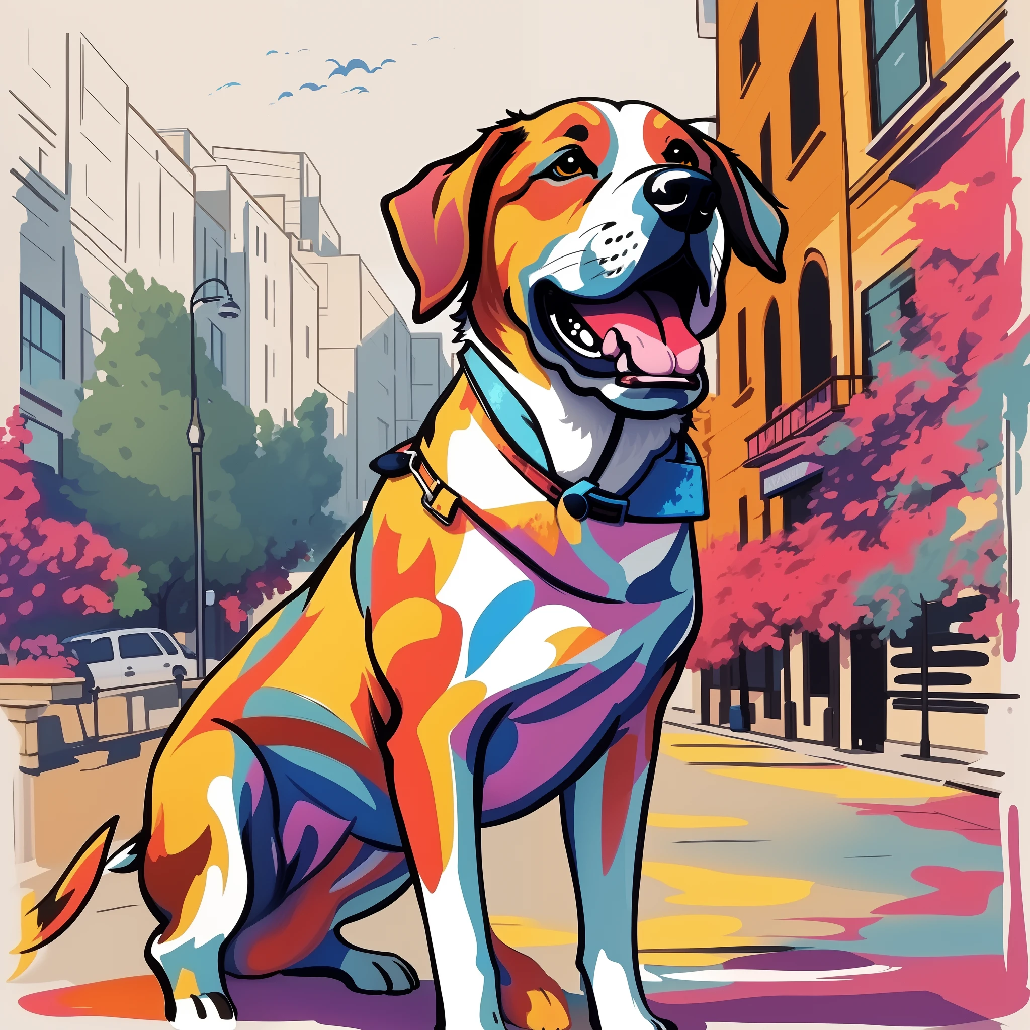 a painting of a dog sitting on the sidewalk in front of a building, beautiful painting of a tall, painting of cute dog, in style of digital illustration, digital cartoon painting art, digital painting highly detailed, vector art style, highly detailed vector art, full color digital illustration, in style of digital painting, cartoon digital painting, painted in bright water colors
