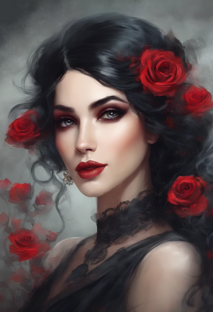 Woman with black hair and red lips posing for a photo, um retrato de Ivana Kobilca, Tumblr, gothic art, cabelo e maquiagem escuros, cabelo escuro maravilhoso, beleza escura, escuro e intrincado, vestido com renda preta, very beautiful goth top model, she is the queen of black roses, gothic influence, cabelo preto corvo, mulheres furiosas de cabelos escuros