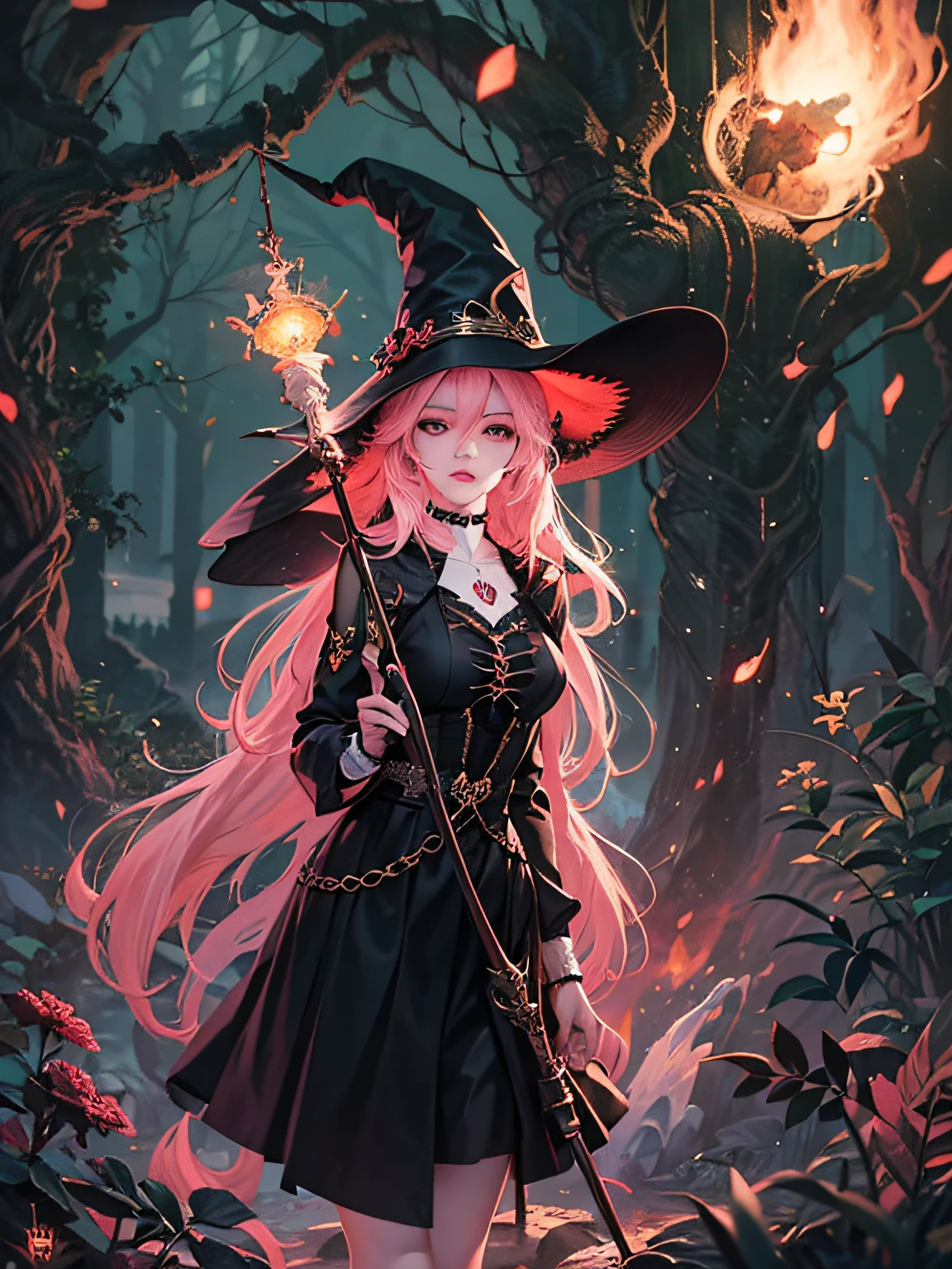 Witch woman with long pink hair and a pointed hat wears black clothes, She is holding a long staff with a red crystal at the point that emits a red light in one hand with fireball swirling around her, a bruxa se encontra na frente de uma casa no estilo medieval no meio de uma floresta kawaii retrato realista, Guweiz, portrait of magical young girl, personagem bonito, estilo de arte bonito, Fantastic Story Character Art, retrato bonito, retrato bonito da mulher, Arte no estilo de realistas