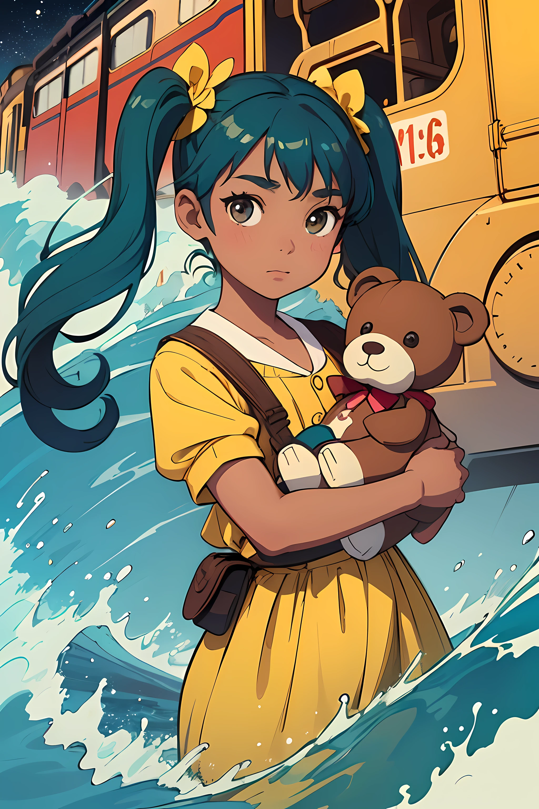 beautiful and asethetic, masterpiece, movie poster, best quality, drawing of a of a little girl with brown skin and bright teal hair in pigtails wearing a long yellow dress holding a teddy bear, pose in front of a steam train, old train water and waves., celestial, stars, bright colors, abstract, by james jean style, fantastical elements