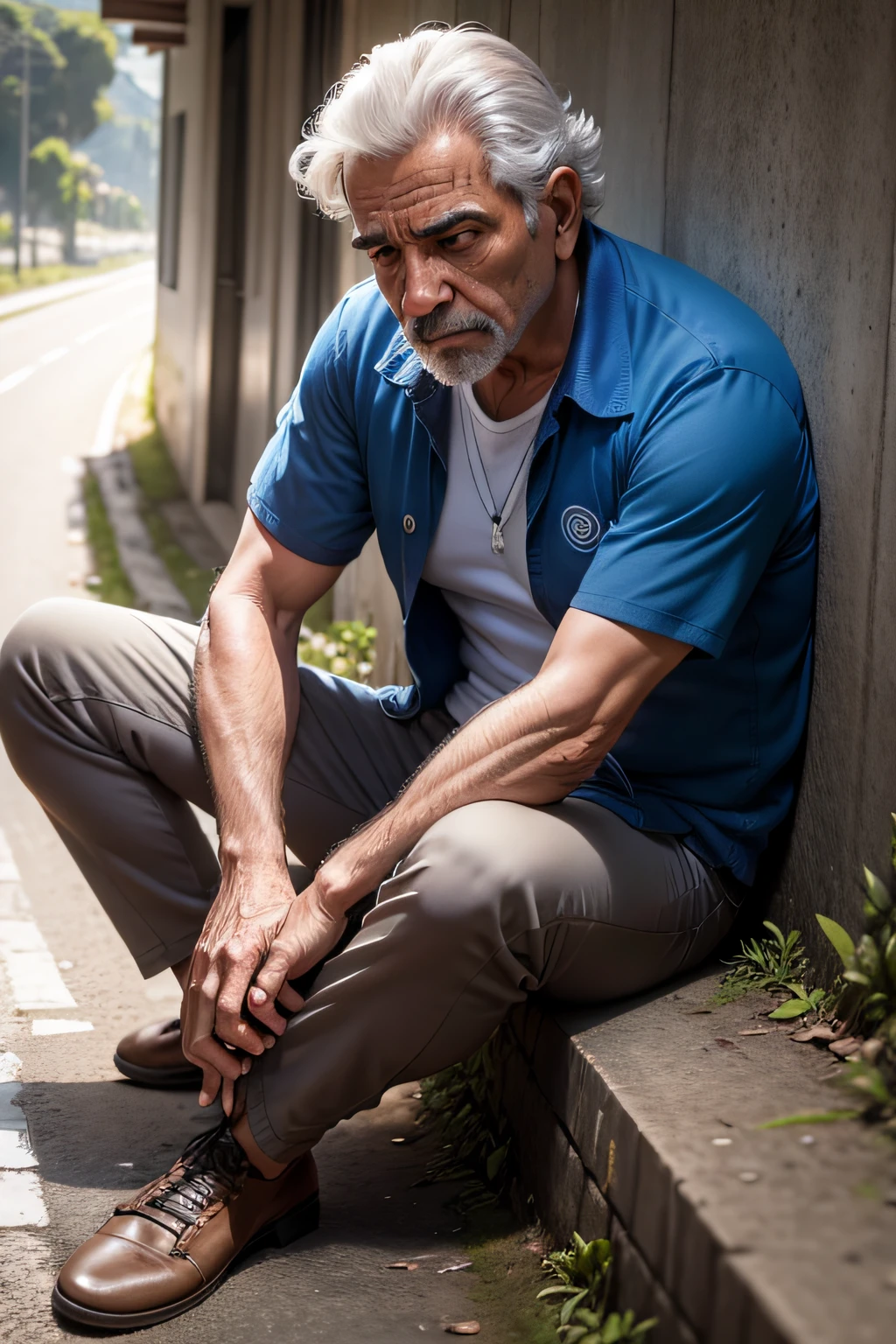 melhor qualidade homem de 45 anos sentado na beira de uma estrada triste pensando sobre a vida