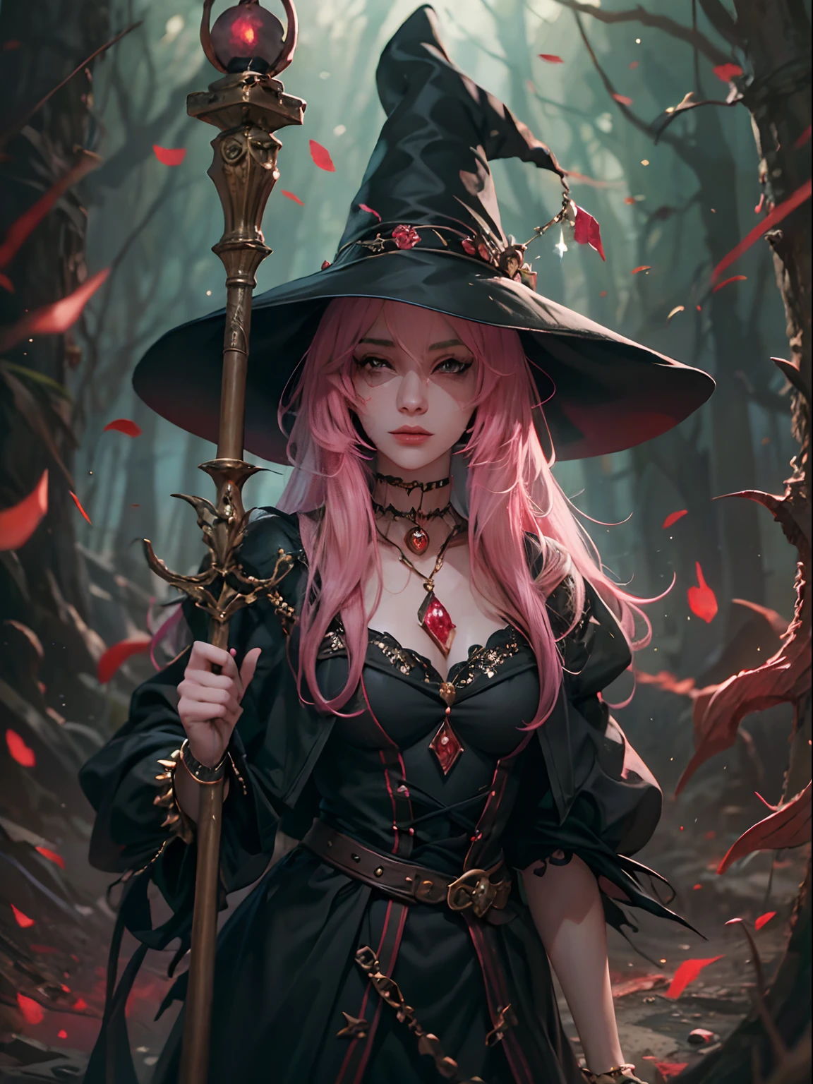 Witch woman with long pink hair and a pointed hat wears black clothes, She is holding a long staff with a red crystal at the point that emits a red light, a bruxa se encontra na frente de uma casa no estilo medieval no meio de uma floresta kawaii retrato realista, Guweiz, portrait of magical young girl, personagem bonito, estilo de arte bonito, Fantastic Story Character Art, retrato bonito, retrato bonito da mulher,  Arte no estilo de realistas