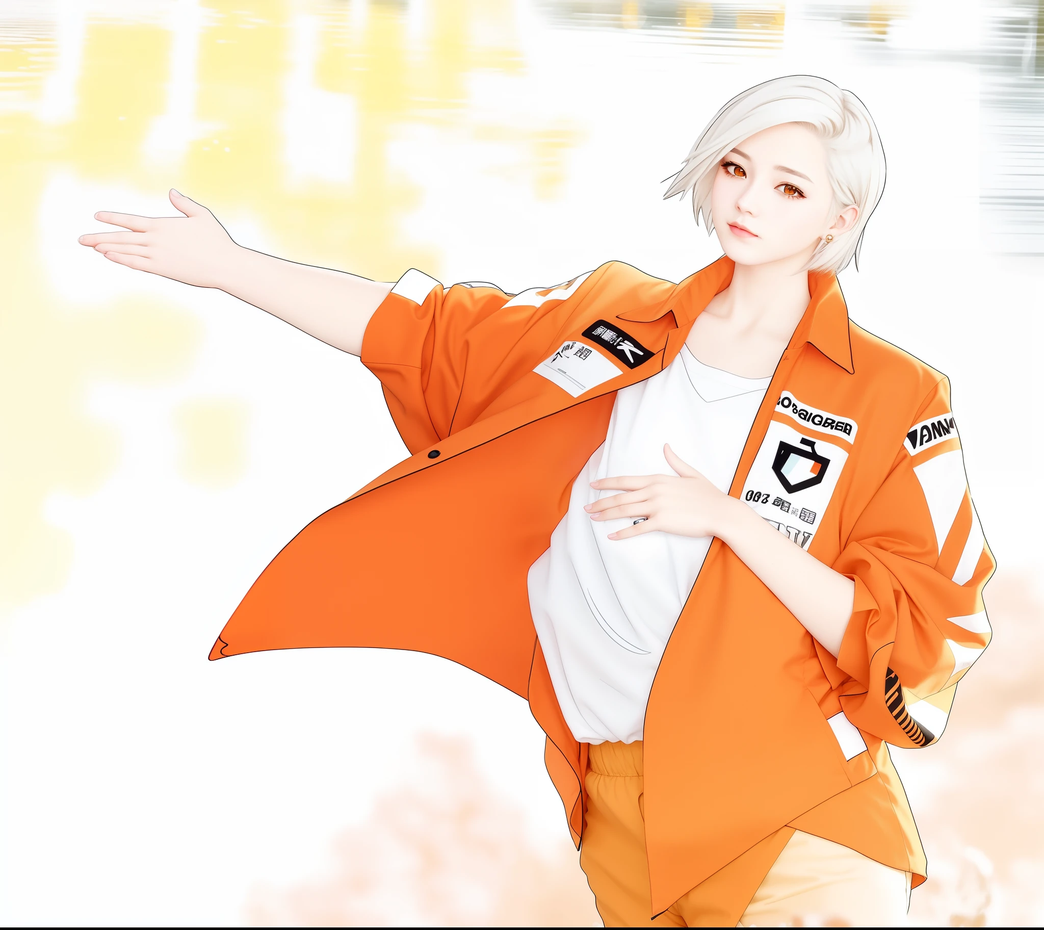 anime girl in an orange jacket and white shirt, white hair, yellow eyes, realistic hair