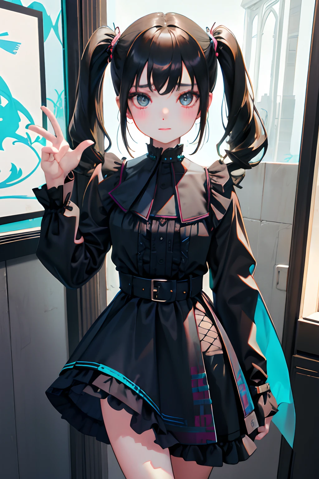 turned around，（​masterpiece，Highest Quality），(child:1.3)，Turquoise goth spank，long-sleeve，Long skirt with Burberry plaid pattern，Absolute area，(A dark-haired，short twintails)，embarrassed from，Delicate body，petite body