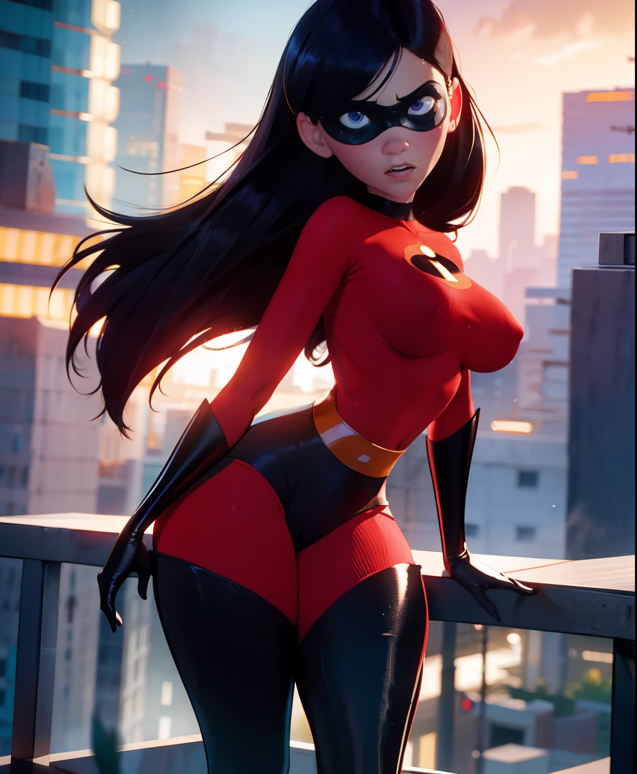 best quality,realistic,detailed,portrait,girl,superhero,in action,with intense expression,striking eyes,shiny black hair,shapely legs,in a dynamic pose,with vibrant colors,with dramatic lighting,standing on a rooftop,cityscape in the background,with a sense of power and confidence, Violet parr, goth make up on, NSFW, ass bigger then torso, curvy, small breast, beautiful face, in a sexy pose, wet, bubble butt, thick, curvy, only pants on, filler lips, view from a really low angle, ,