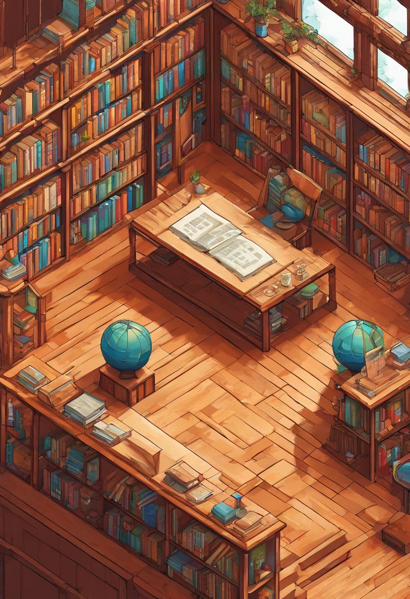 pixelarte，Tempos medievais，Dentro de uma biblioteca，mesas e cadeiras，Estantes，Globo，magical array，vitral，pergaminho，pencils, porta para um mundo de fantasia