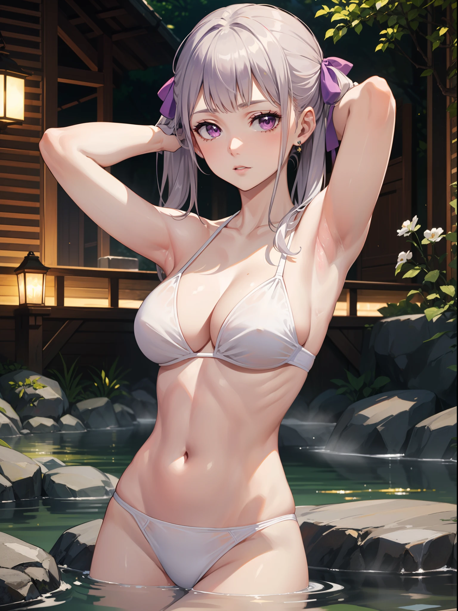 (((masterpiece, best quality, highres))), beautiful noelle_silva, long hair, (hair ribbons, purple colored hair ribbons), (white hair, silver hair), twin tails, pig tails, bangs, earring, jewelry, silver hair, purple eyes, (white colored bikini, white colored panties), large breast, (cleavage), large boobs, (sitting), ((armpits, armpits exposed)), alluring armpits, (hands in hair), (attitude look), BREAK outdoor, (hot springs), blur background, ((portrait shot, only upper body shot)), alluring face, (perfect fingers, perfect anatomy), 4k