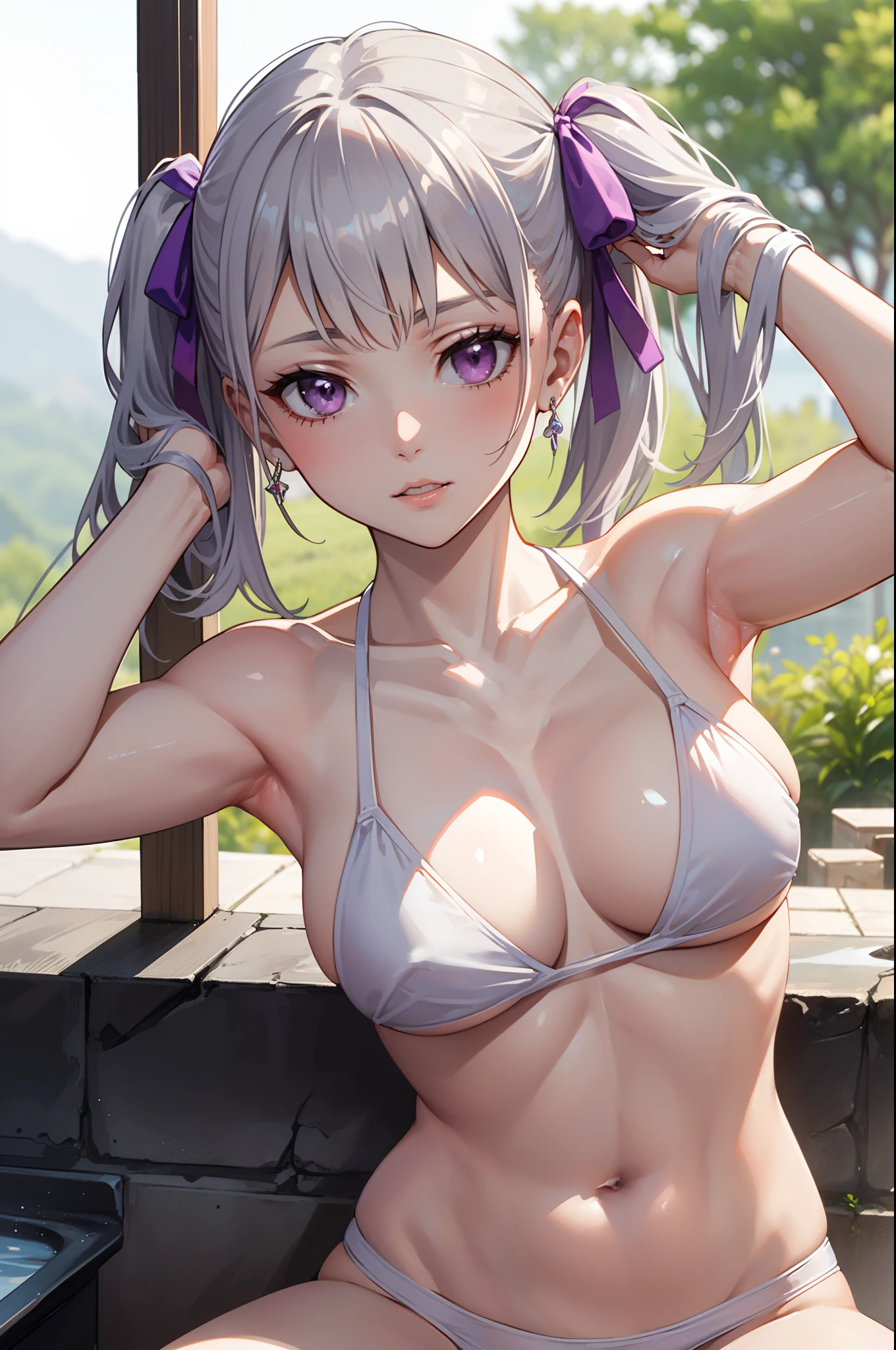 (((masterpiece, best quality, highres))), beautiful noelle_silva, long hair, (hair ribbons, purple colored hair ribbons), (white hair, silver hair), twin tails, pig tails, bangs, earring, jewelry, silver hair, purple eyes, (white colored bikini, white colored panties), large breast, (cleavage), large boobs, (sitting), ((armpits, armpits exposed)), alluring armpits, (hands in hair), (attitude look), BREAK outdoor, (hot springs), blur background, ((portrait shot, only upper body shot)), alluring face, (perfect fingers, perfect anatomy), 4k