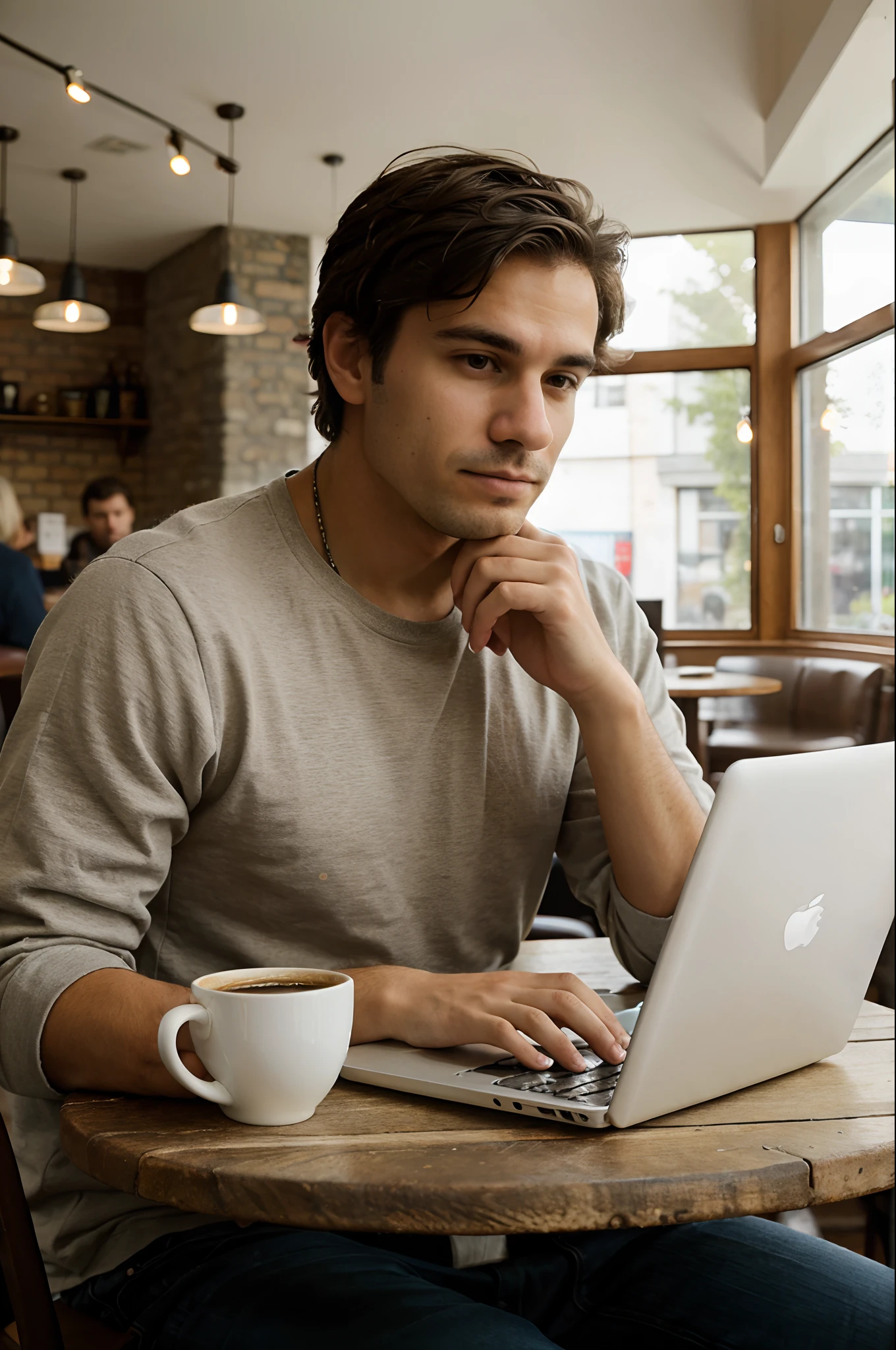 Portrait of a man, sitting in a cafe,cup of coffee on table,working on laptop,focus.