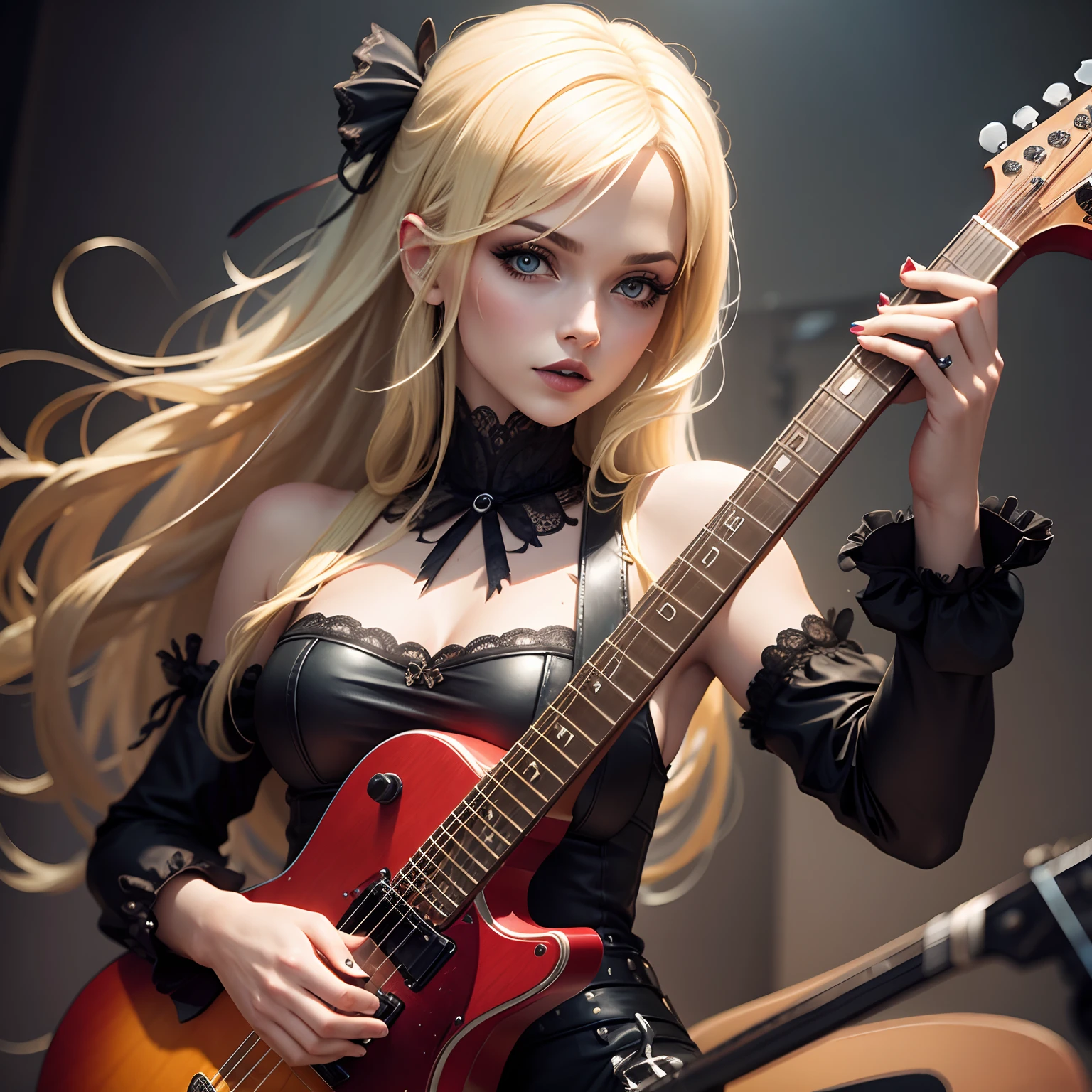 Illustration of blonde, happy, sensual woman in black and red dress in rock style, in casino, holding a black guitar, near bar table with beer mug