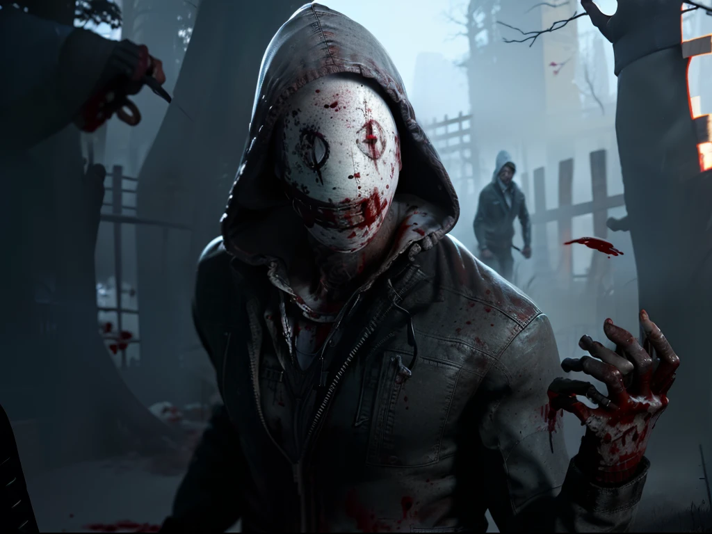 leg1,1boy, Frank Morrison, dead by daylight, bloody mask, grey hoodie, glowing eyes, glowing eyes, denim jacket, camouflage pants, bullet belt, bloody bandaged hands, holding bloody knife, male focus, neck tattoo, looking at viewer, (blood:1.3), perfect hands, perfect fingers, holding a bowie knife