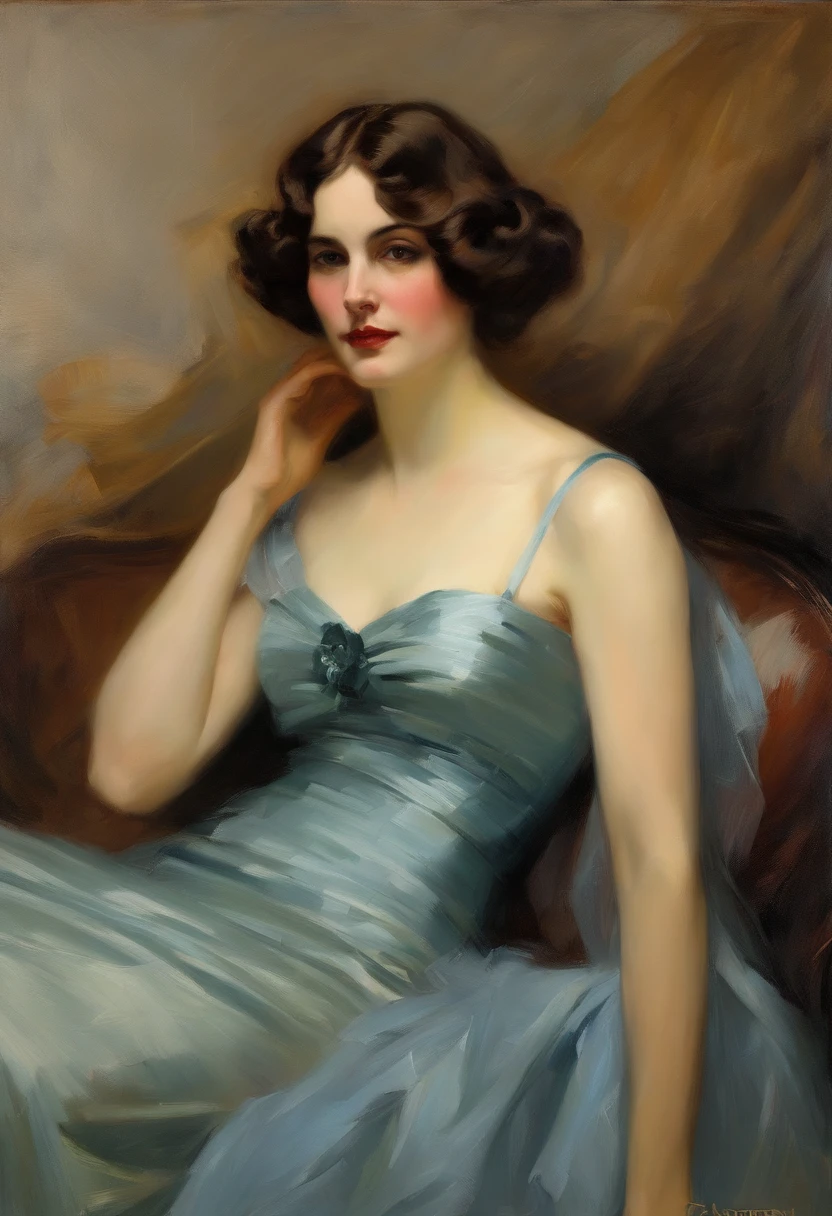 painting of An elegant 1920s woman laying on a couch, she has a blue dress on, long brown hair, and brown eyes, she is elegant, sexy, gorgeous, oil on canvas in the style of ambrose mcevoy. sexy, glamorous pin-up girl, john singer sargent style, inspired by Tom Lovell, inspired by John Singer Sargent, inspired by Frederic Leighton, by Tom Lovell, inspired by Sargent Johnson, art style of john collier, inspired by Konstantin Vasilyev, albert lynch, inspired by Willem Kalf