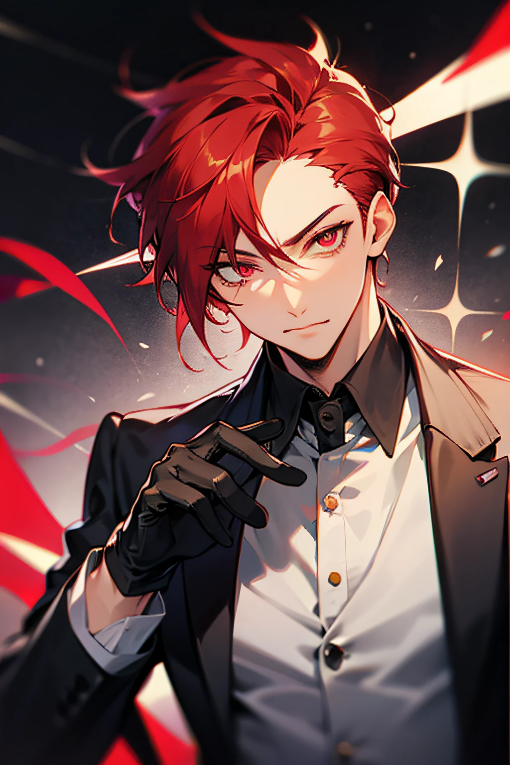 1men, crimson hair, crimson eyes, suit, black gloves