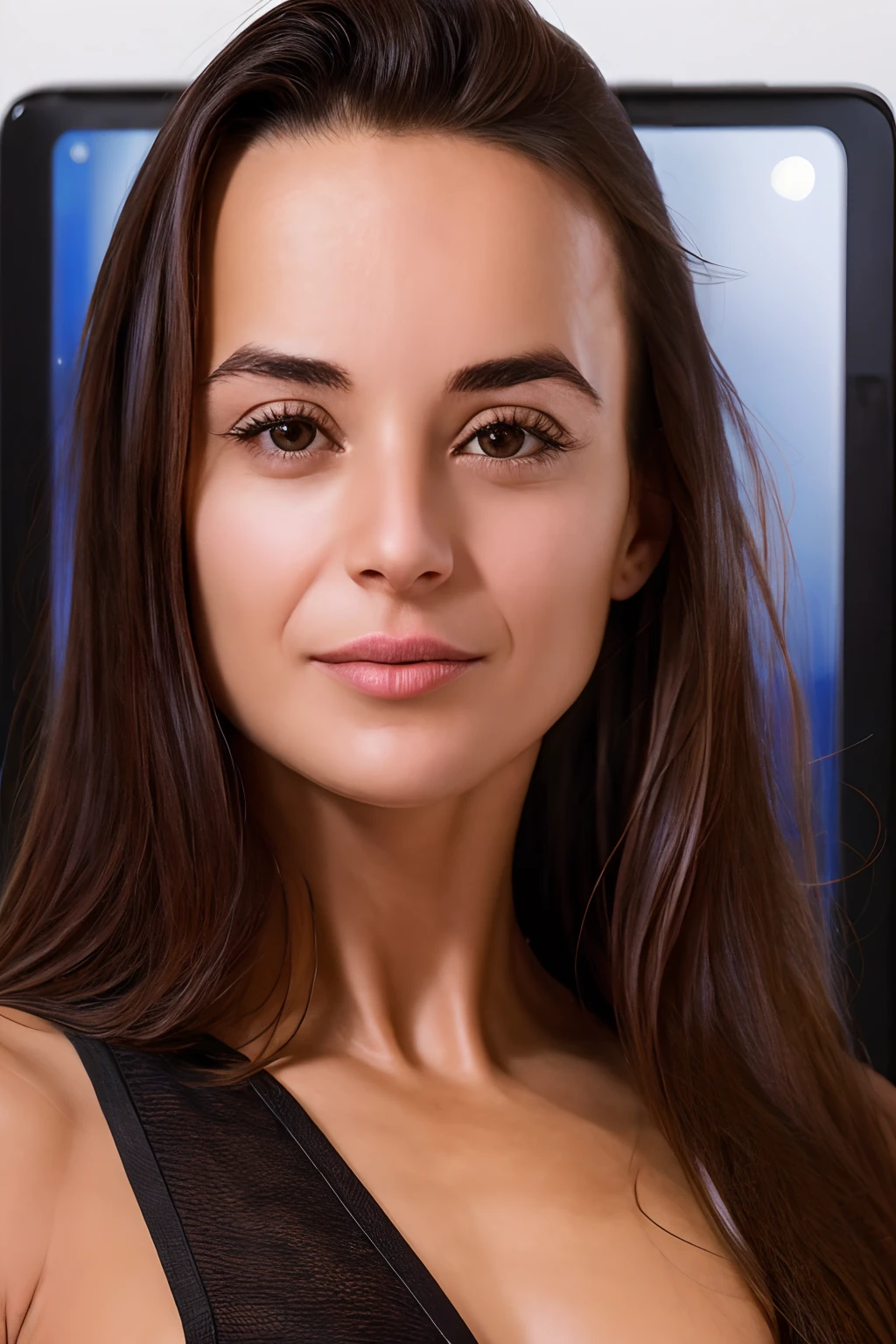 Face of a woman on a background with realistic technology icons