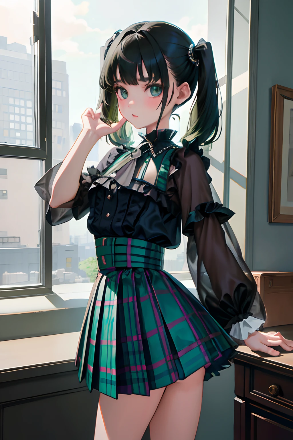 turned around,(masterpiece,Highest Quality),(child:1.3),Blue-green goth spank,Burberry Plaid Skirt,(A dark-haired,short twintails),embarrassed from,Delicate body,petite body