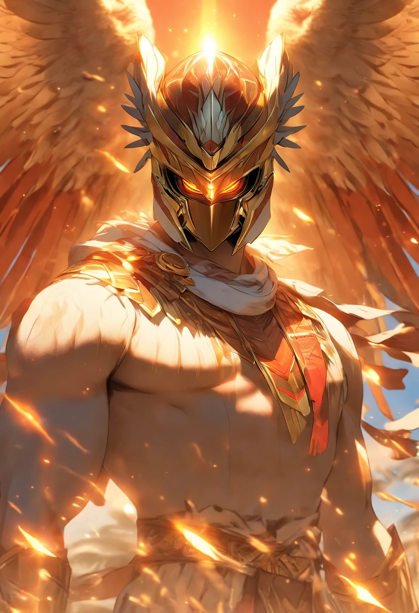 (((Man body and falcon helmet))) best quality, ultra-high resolution, 4K detailed CG, master piece, Egyptian mythology,Tuna-Ra, sunrise,Ancient Egypt, standing pose, bird head , White clothes, Egyptian clothes, underworld, stream, River Nile, River, desert, Ancient Egypt, ((Falcon Helmet, man's body)), sunrise, aesthetics, Beautiful image, centered on the screen, standing pose, rising sun