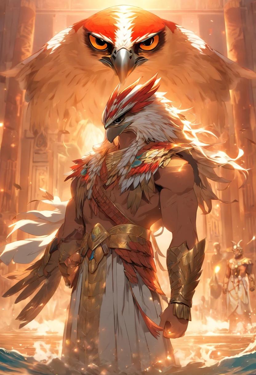 (((Man body and falcon helmet))) best quality, ultra-high resolution, 4K detailed CG, master piece, Egyptian mythology,Tuna-Ra, sunrise,Ancient Egypt, standing pose, bird head , White clothes, Egyptian clothes, underworld, stream, River Nile, River, desert, Ancient Egypt, ((Falcon Helmet, man's body)), sunrise, aesthetics, Beautiful image, centered on the screen, standing pose, rising sun