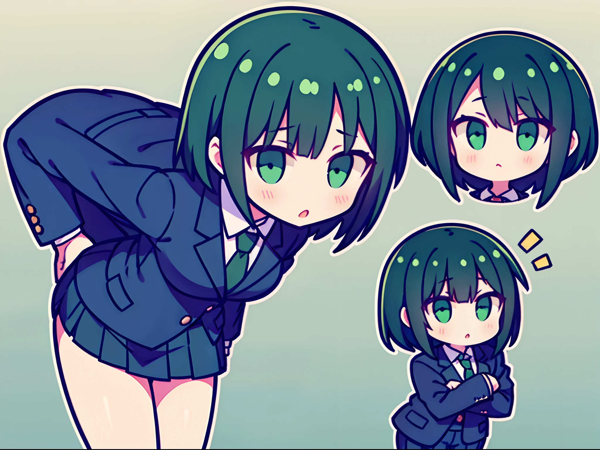 Girl in suit with short green and black hair