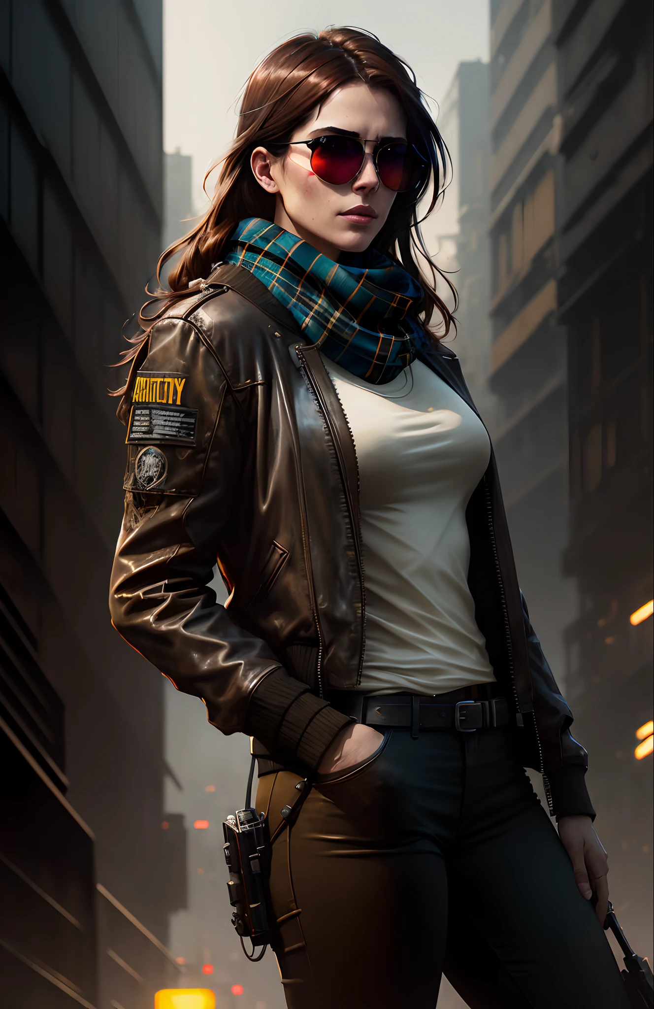 (dark shot:1.1), epic realistic, portrait of halo, sunglasses, blue eyes, tartan scarf, brown leather bomber jacket, auburn hair by atey ghailan, by greg rutkowski, by greg tocchini, by james gilleard, by joe fenton, by kaethe butcher, gradient yellow, black, brown and magenta color scheme, grunge aesthetic!!! graffiti tag wall background, art by greg rutkowski and artgerm, soft cinematic light, adobe lightroom, photolab, hdr, intricate, highly detailed, (depth of field:1.4), faded, (neutral colors:1.2), (hdr:1.4), (muted colors:1.2), hyperdetailed, (artstation:1.4), cinematic, warm lights, dramatic light, (intricate details:1.1), complex background, (rutkowski:0.66), (teal and orange:0.4)