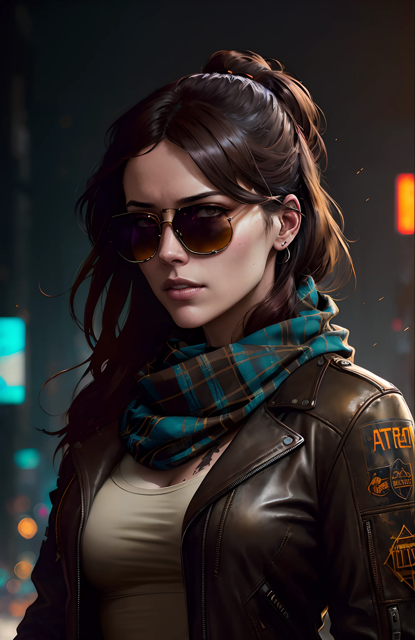(dark shot:1.1), epic realistic, portrait of halo, sunglasses, blue eyes, tartan scarf, brown leather bomber jacket, auburn hair by atey ghailan, by greg rutkowski, by greg tocchini, by james gilleard, by joe fenton, by kaethe butcher, gradient yellow, black, brown and magenta color scheme, grunge aesthetic!!! graffiti tag wall background, art by greg rutkowski and artgerm, soft cinematic light, adobe lightroom, photolab, hdr, intricate, highly detailed, (depth of field:1.4), faded, (neutral colors:1.2), (hdr:1.4), (muted colors:1.2), hyperdetailed, (artstation:1.4), cinematic, warm lights, dramatic light, (intricate details:1.1), complex background, (rutkowski:0.66), (teal and orange:0.4)