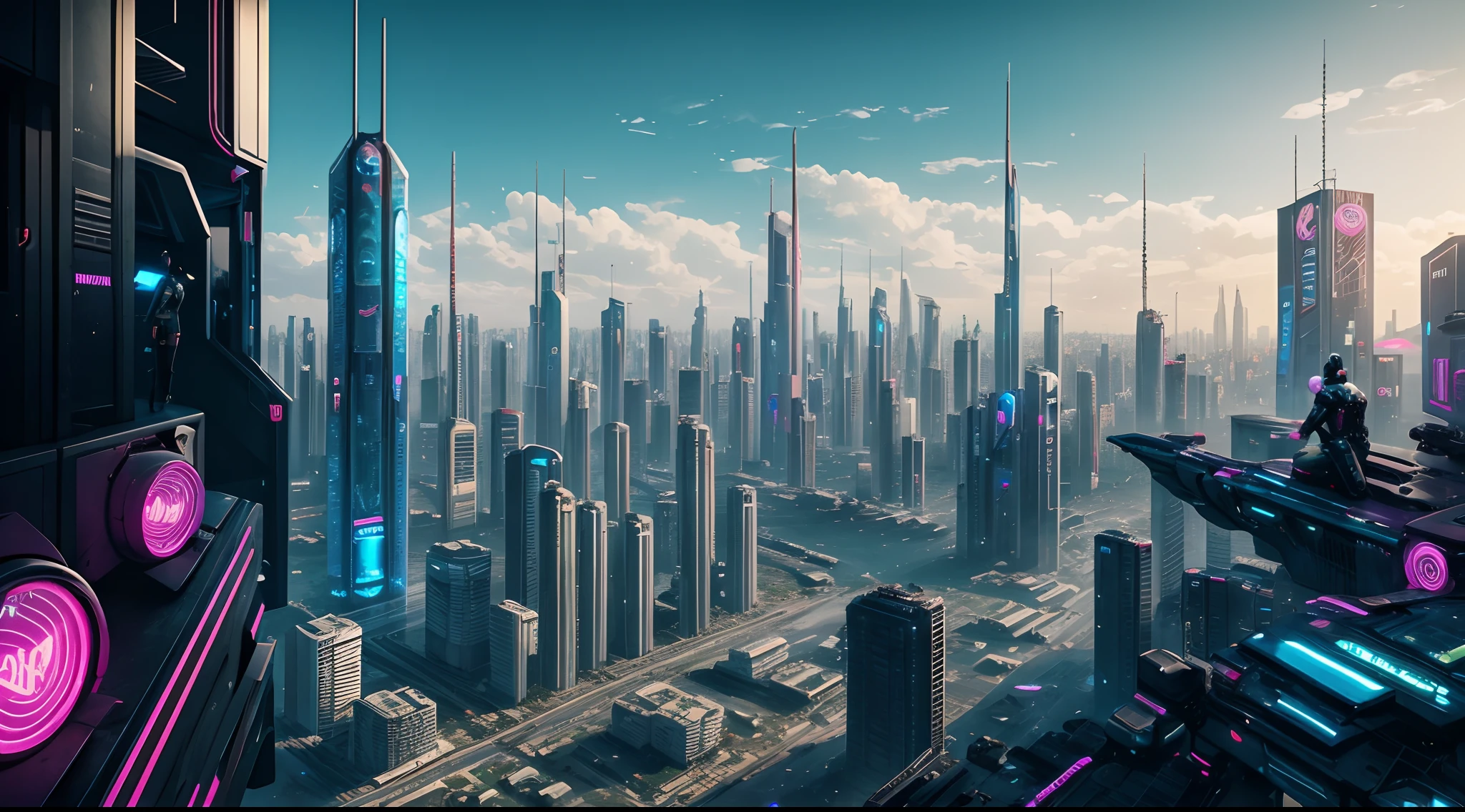 Uma cidade dourada futurista estilo cyberpunk