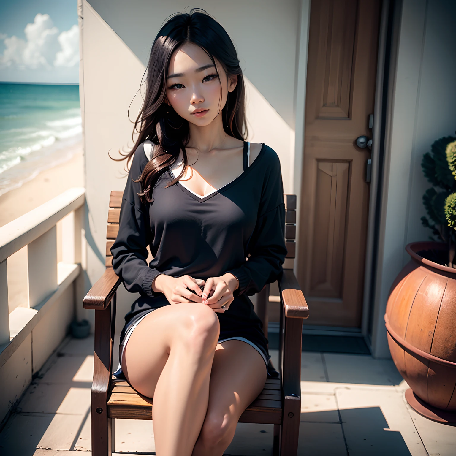 Balcony Scene, Macro realism, Chinese woman, 18 years old, long brown hair, detailed light brown eyes, small rounded nose, thin lips, fair skin, defined body, relaxing, blowing a kiss to the photographer, happy look, sitting on a chair beach, front view, pose, light clothing, full body, 8k UHD, ultra-realistic, vibrant colors, photography, Cinematic