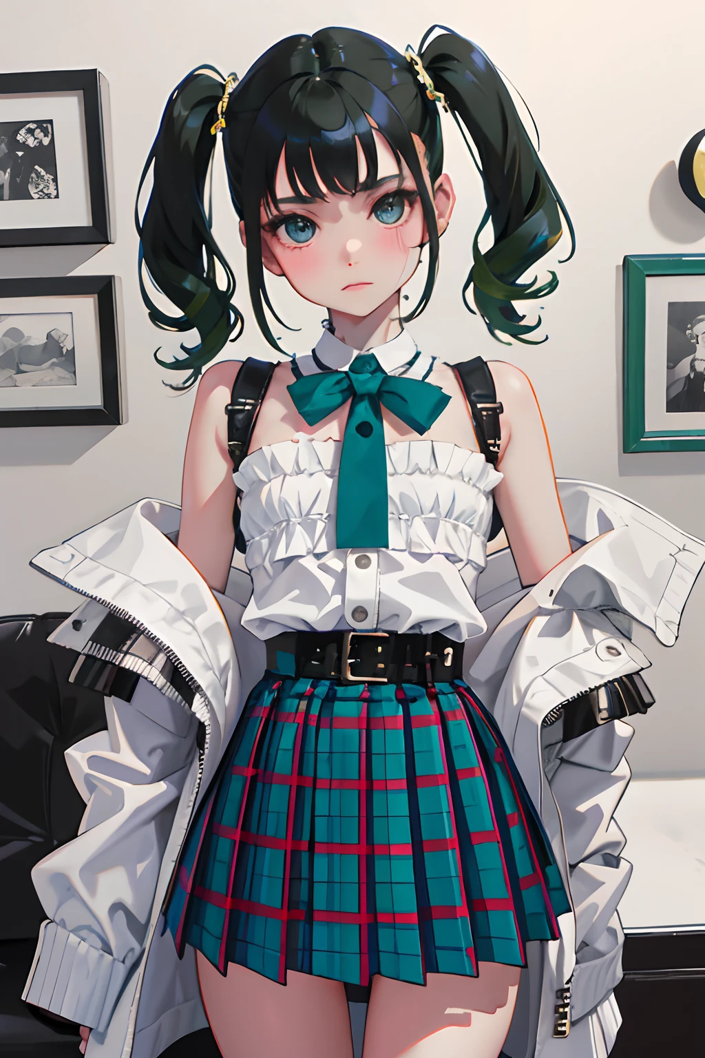 turned around,(masterpiece,Highest Quality),(child:1.3),Blue-green goth spank,Burberry Plaid Skirt,(A dark-haired,short twintails),embarrassed from,Delicate body,petite body