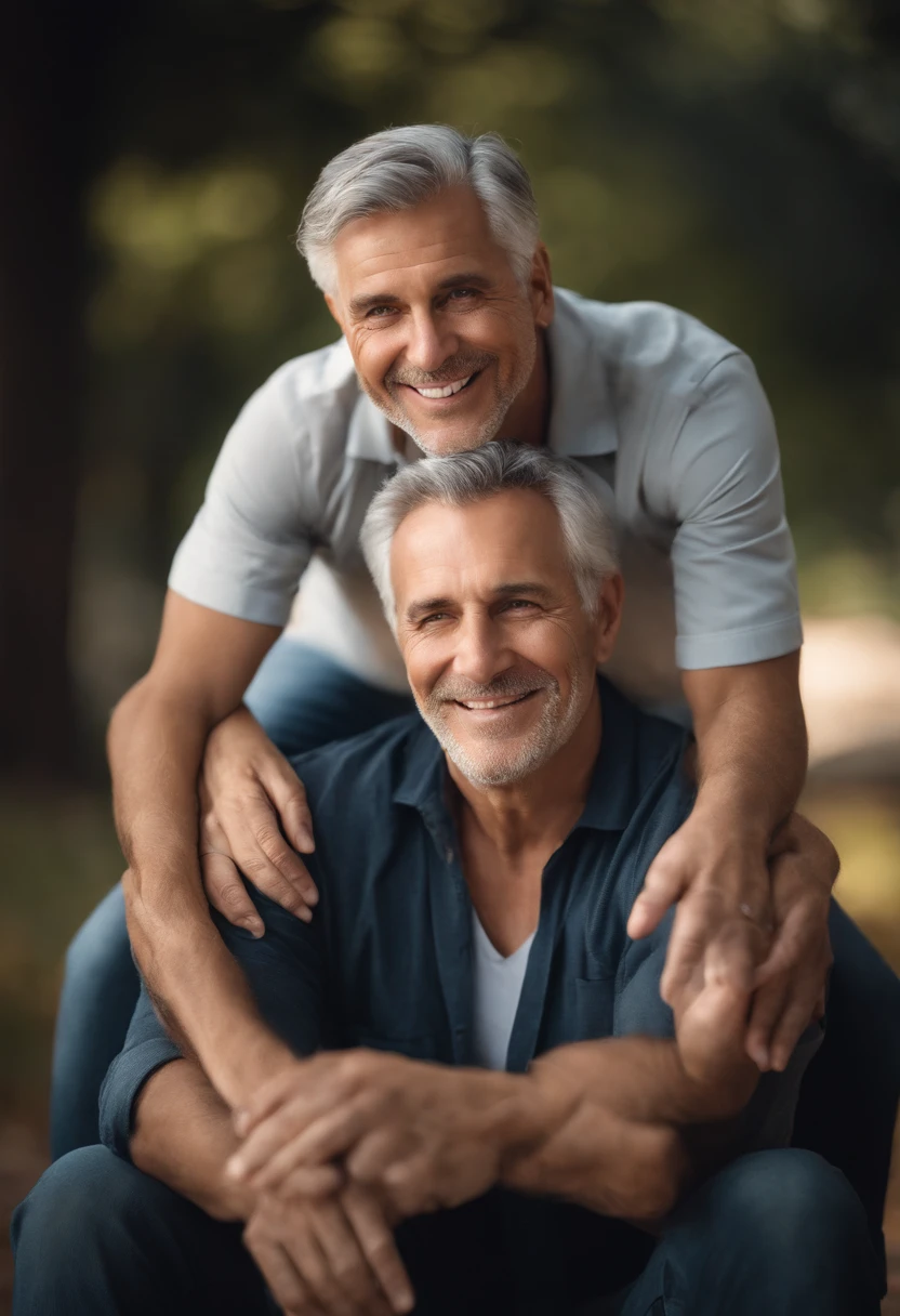 portrait of a father, beautiful detailed eyes, loving smile, gray hair, kind expression, strong hands, warm embrace, proud father, outdoor background, natural lighting, best quality, realistic, medium:oil painting, vivid colors, soft tones, highres, sharp focus, professional
