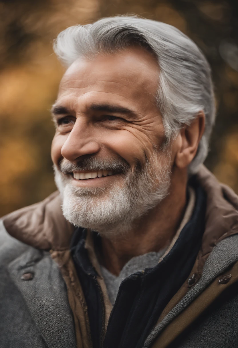 portrait of a father, beautiful detailed eyes, loving smile, gray hair, kind expression, strong hands, warm embrace, proud father, outdoor background, natural lighting, best quality, realistic, medium:oil painting, vivid colors, soft tones, highres, sharp focus, professional