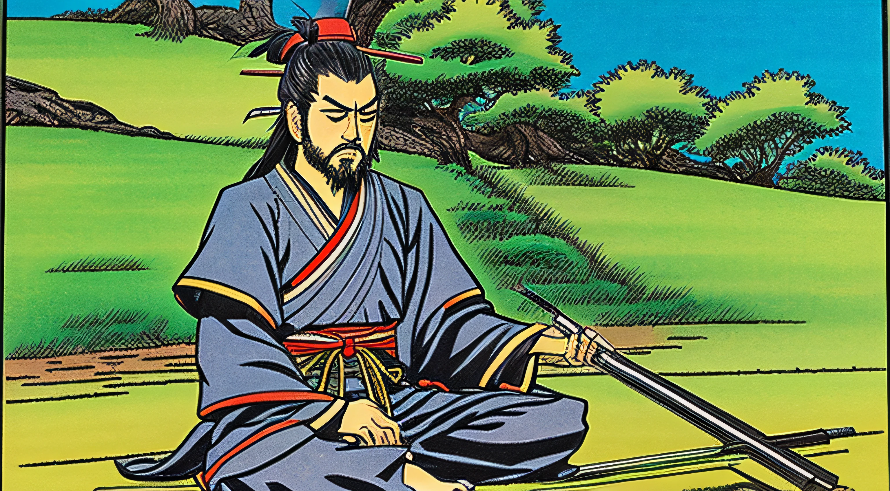 Miyamoto Musashi sitting on the grass, manga style drawing